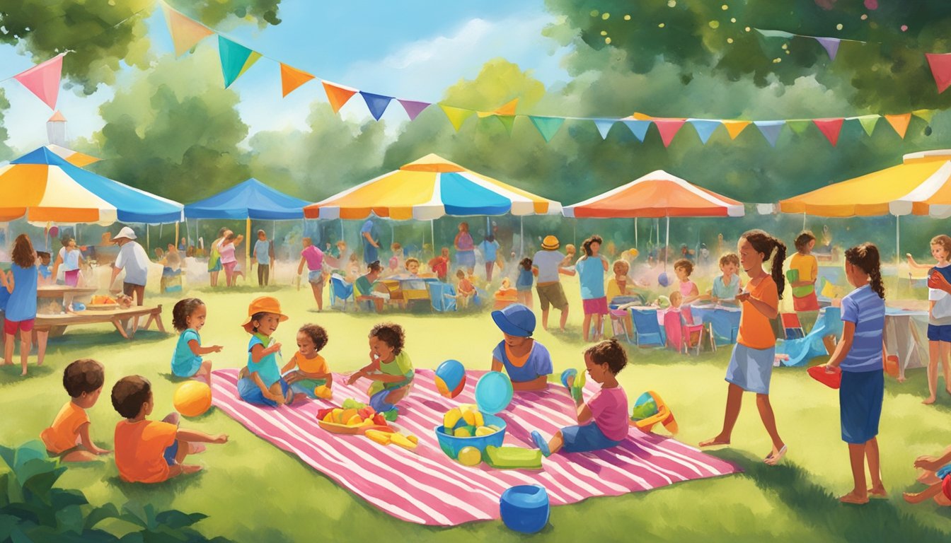 Children playing in a sprinkler, surrounded by colorful beach toys and picnic blankets, while families gather for a summer celebration at Brookshires