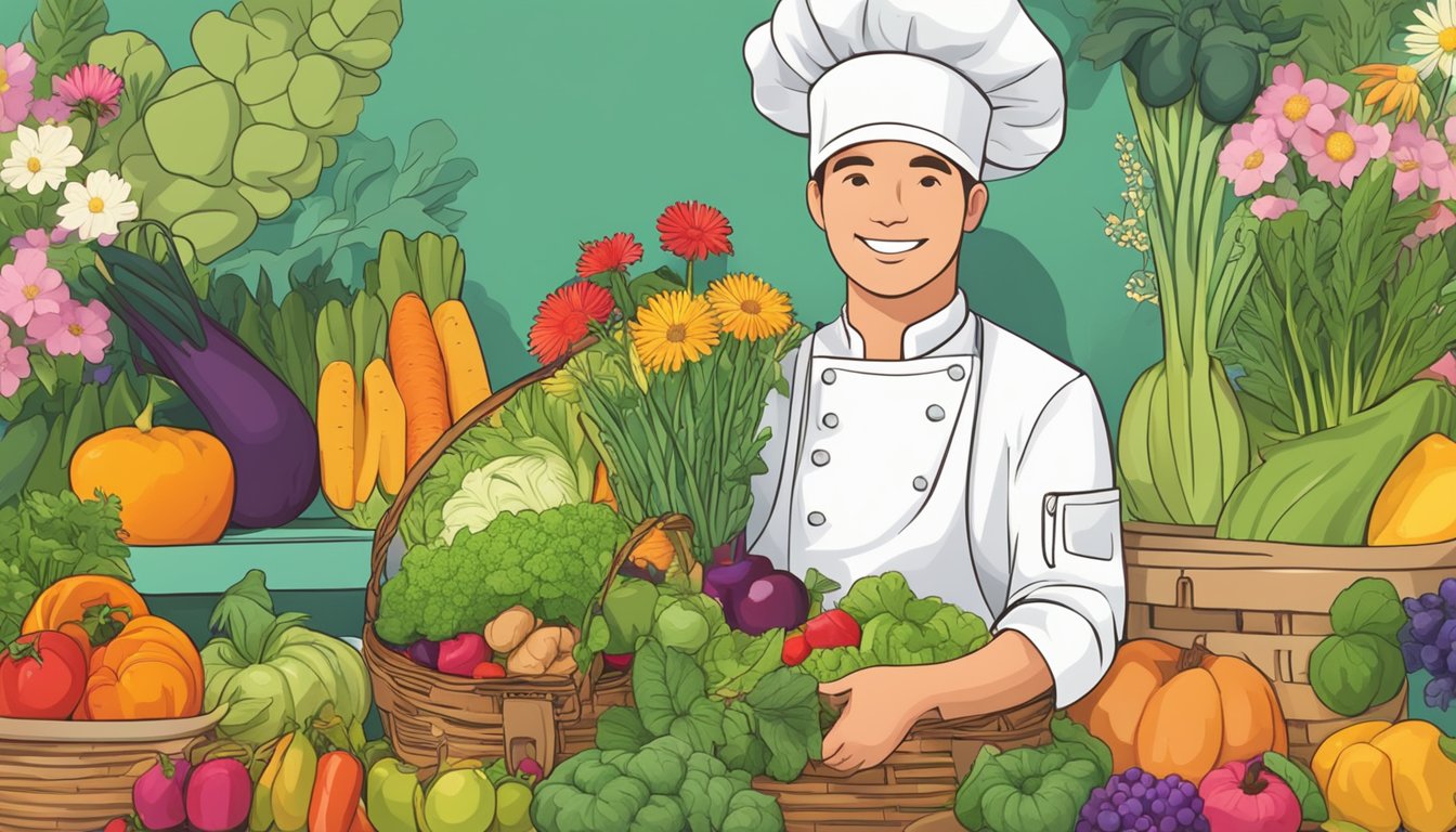 Fresh produce arranged in baskets, surrounded by vibrant flowers and herbs. A chef's hat and apron hang nearby