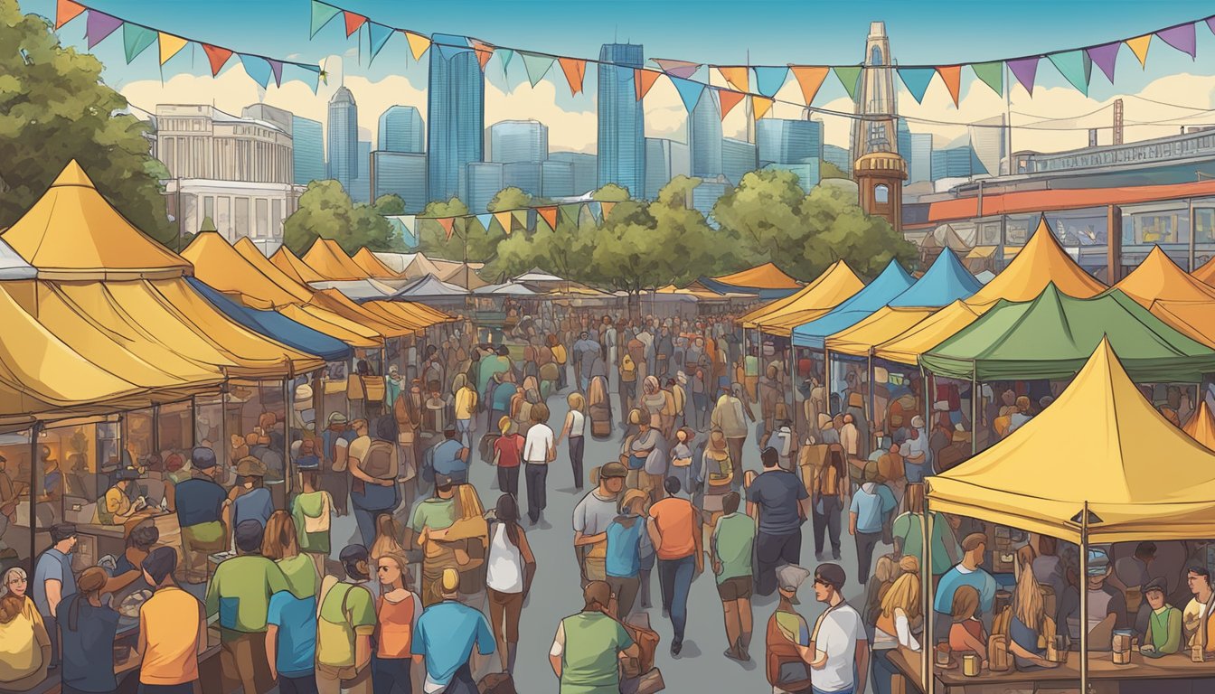 A bustling craft beer festival with colorful banners and crowded tasting booths, set against a backdrop of the San Mateo, CA skyline