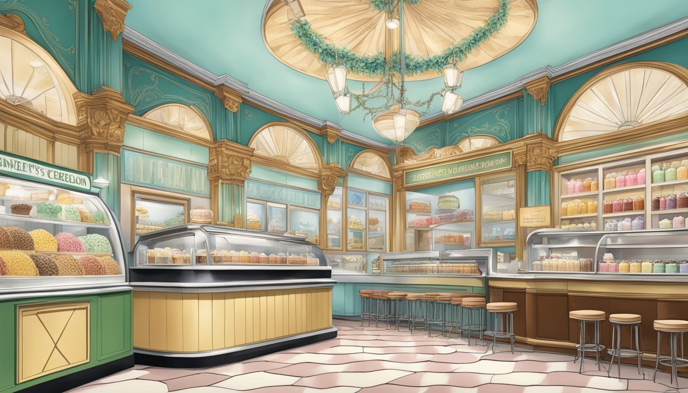 A vintage ice cream parlor with ornate decor and a display of various flavors of Hannaford's creamy ice cream