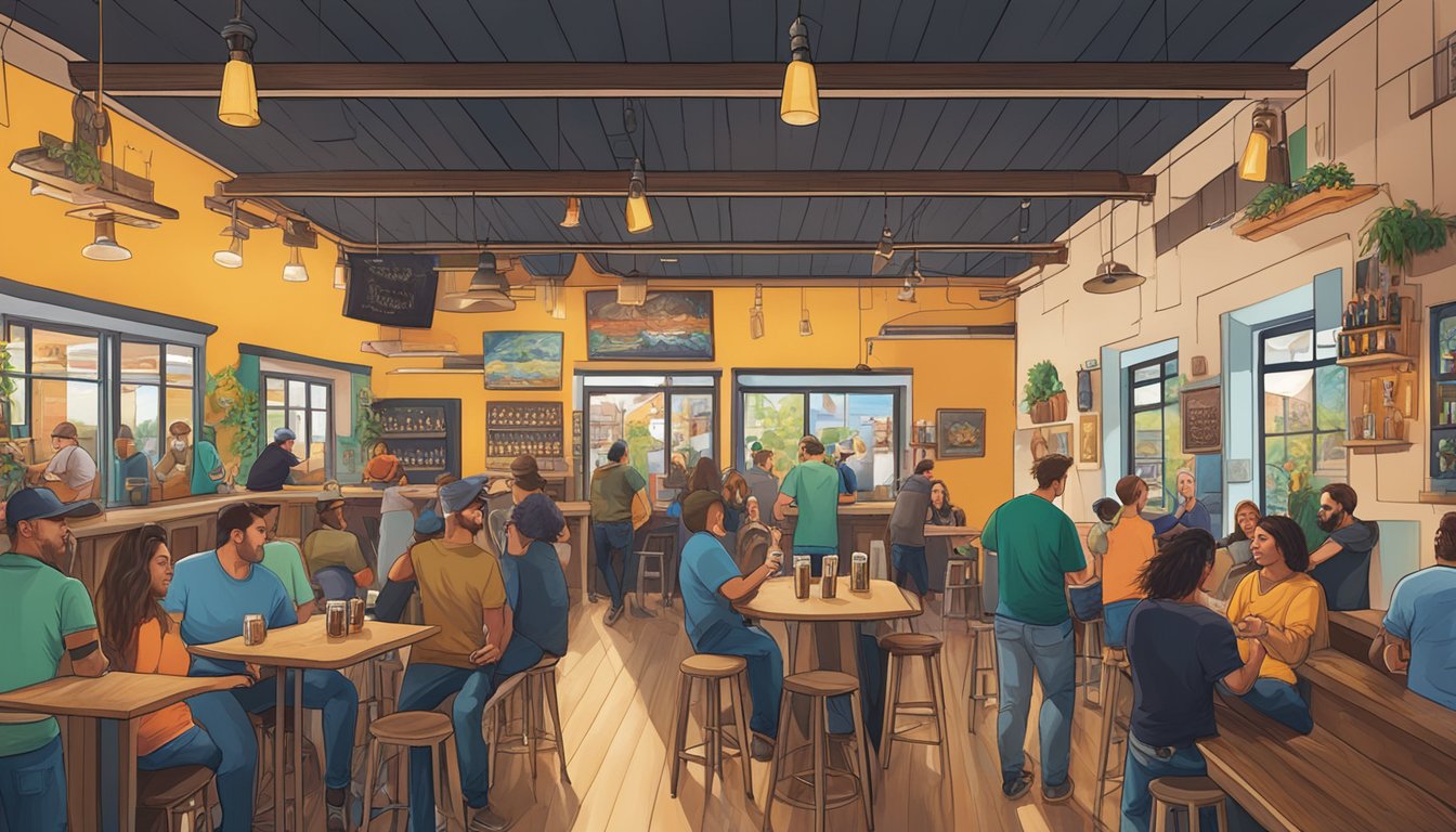 A bustling craft brewery with vibrant murals, live music, and diverse patrons enjoying local beer in Torrance, CA