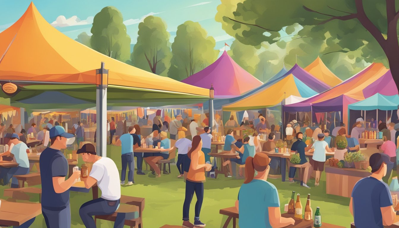 A bustling craft beer festival with a variety of breweries showcasing their unique brews under colorful tents in a lively outdoor setting