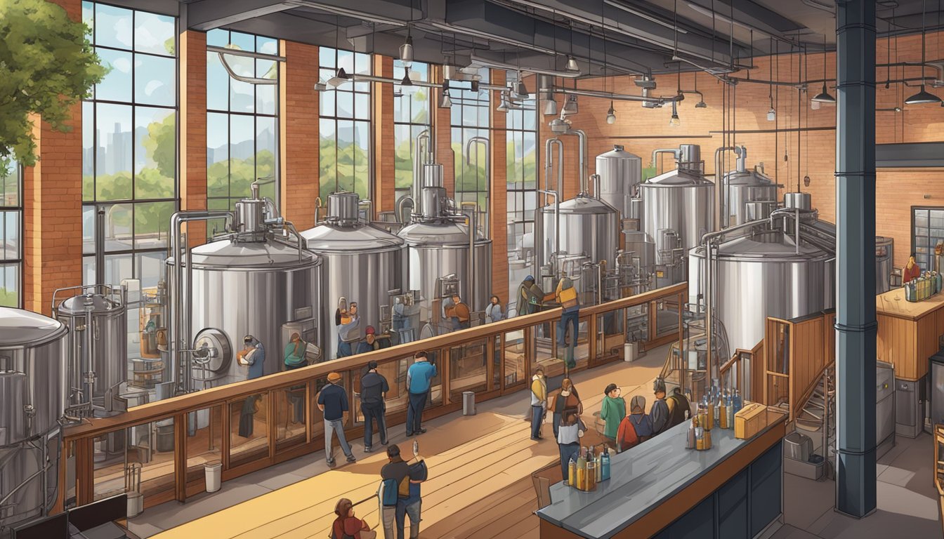 A bustling brewery in San Francisco, with modern equipment and eco-friendly practices. Customers enjoy locally crafted beers in a vibrant, sustainable atmosphere