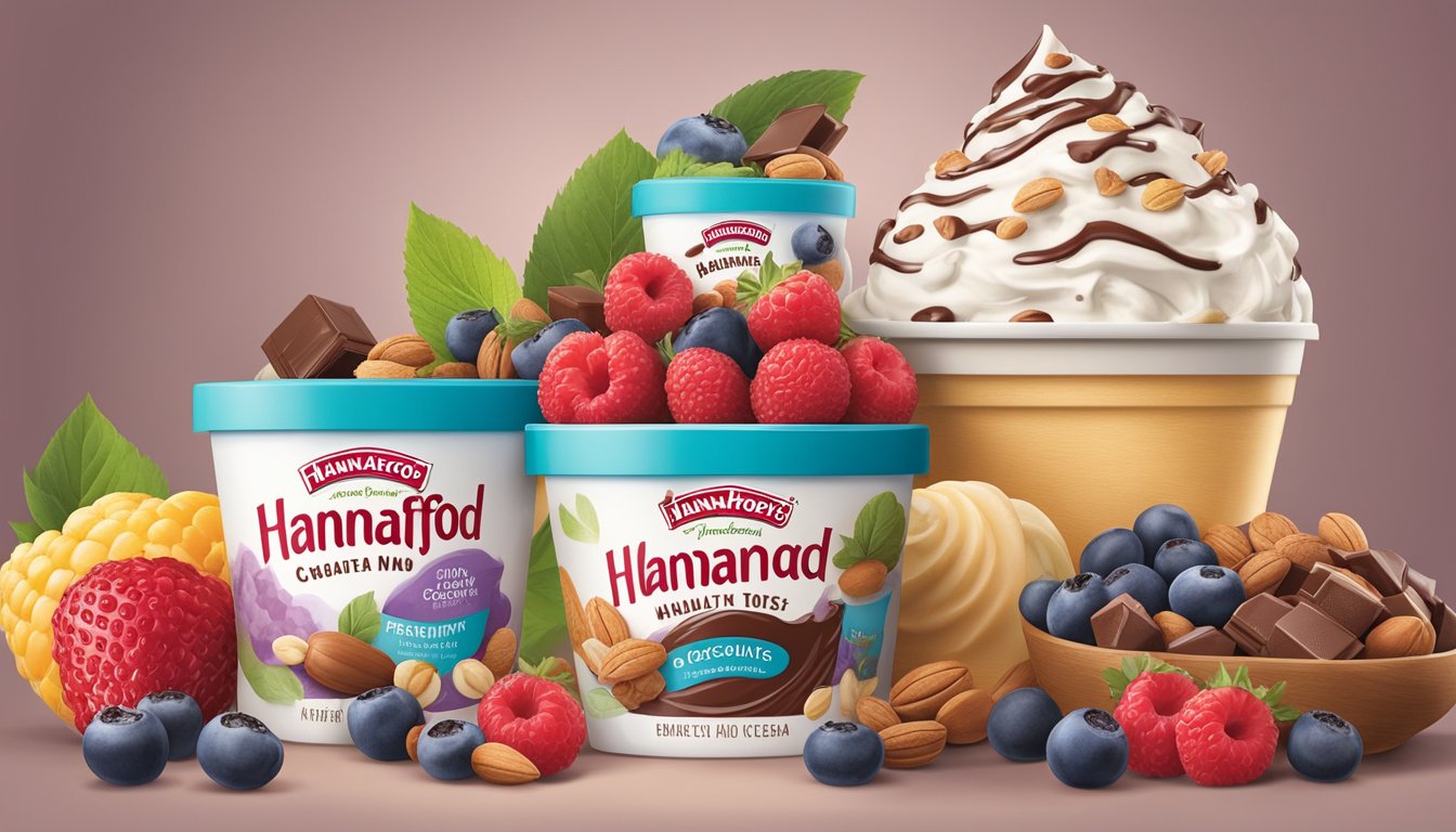 A colorful display of fresh, quality ingredients - berries, chocolate, and nuts - surround a tub of Hannaford's creamy ice cream