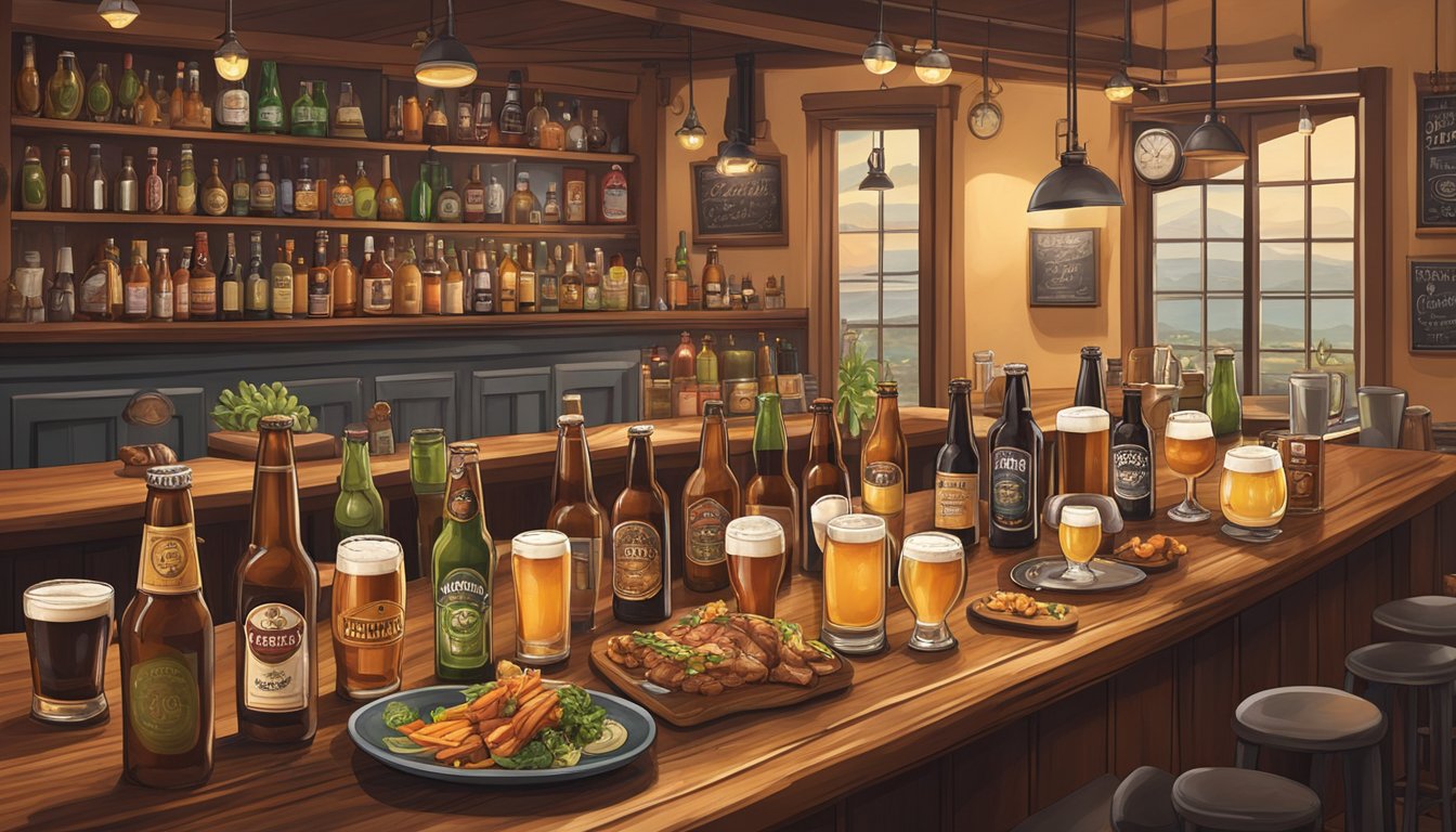 A cozy pub scene with a variety of craft beer bottles and glasses paired with a spread of delicious food, set against the backdrop of San Mateo, CA