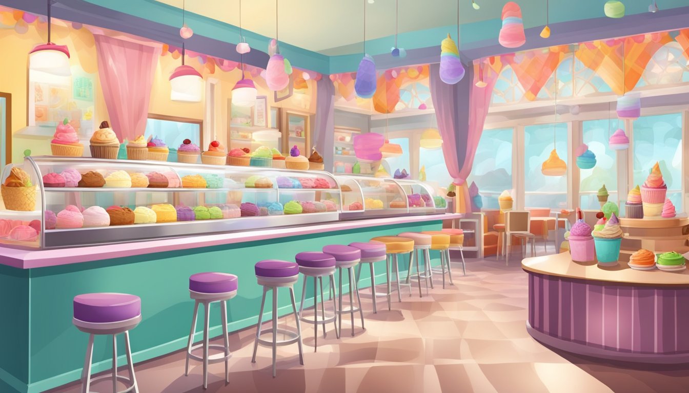 A colorful ice cream parlor with a variety of creamy delights on display. Customers enjoy scoops at tables and a cheerful atmosphere fills the space