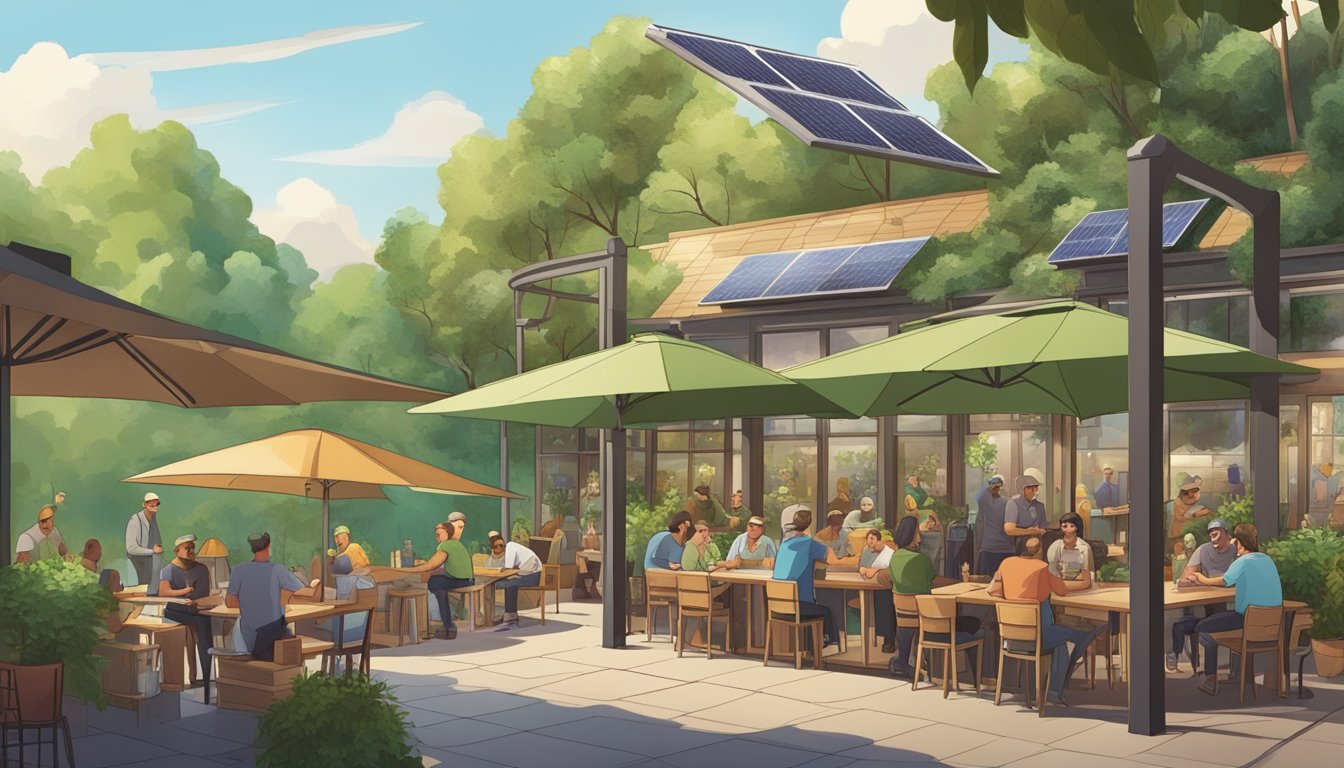 A bustling local brewery with outdoor seating surrounded by lush greenery and solar panels, with patrons enjoying craft beer and engaging in sustainable practices