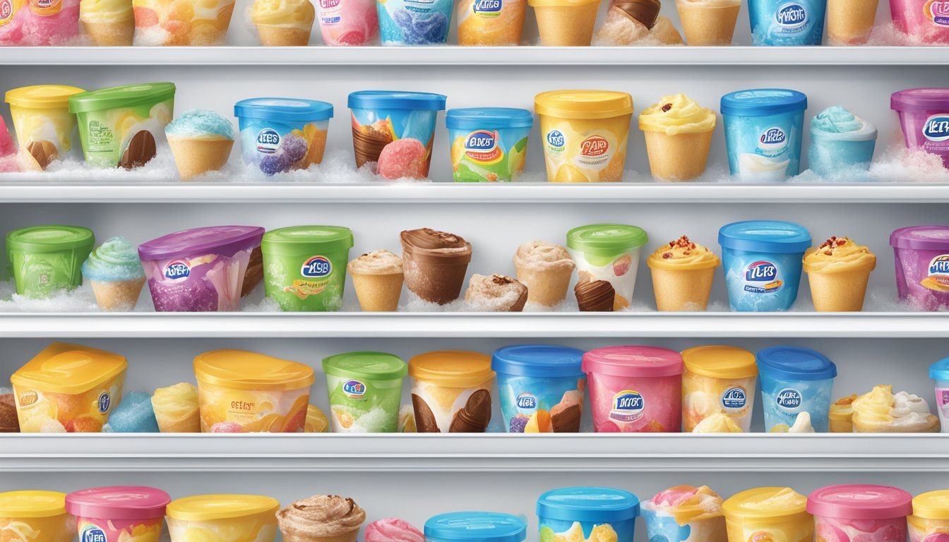 A variety of Lidl's ice cream flavors displayed on a clean, white freezer shelf, with colorful packaging and tempting, mouth-watering images of the frozen treats