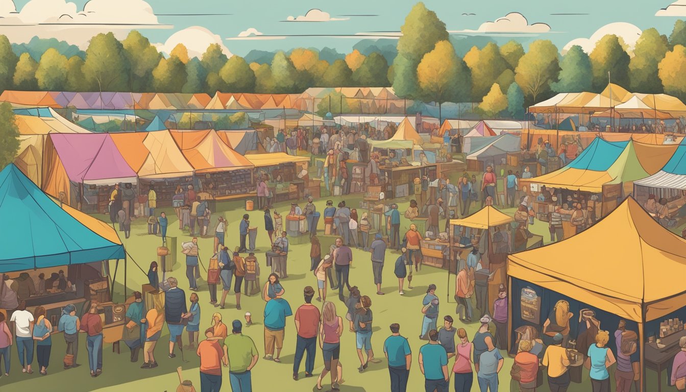 A bustling craft beer festival with rows of colorful tents and a variety of local breweries showcasing their unique brews. Live music and happy patrons fill the air