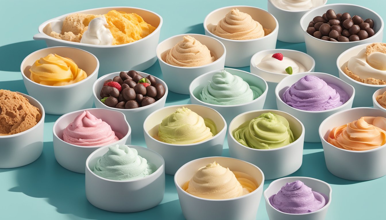 A colorful display of Hannaford's creamy ice cream range, surrounded by various toppings and sauces, with a scoop resting on the side