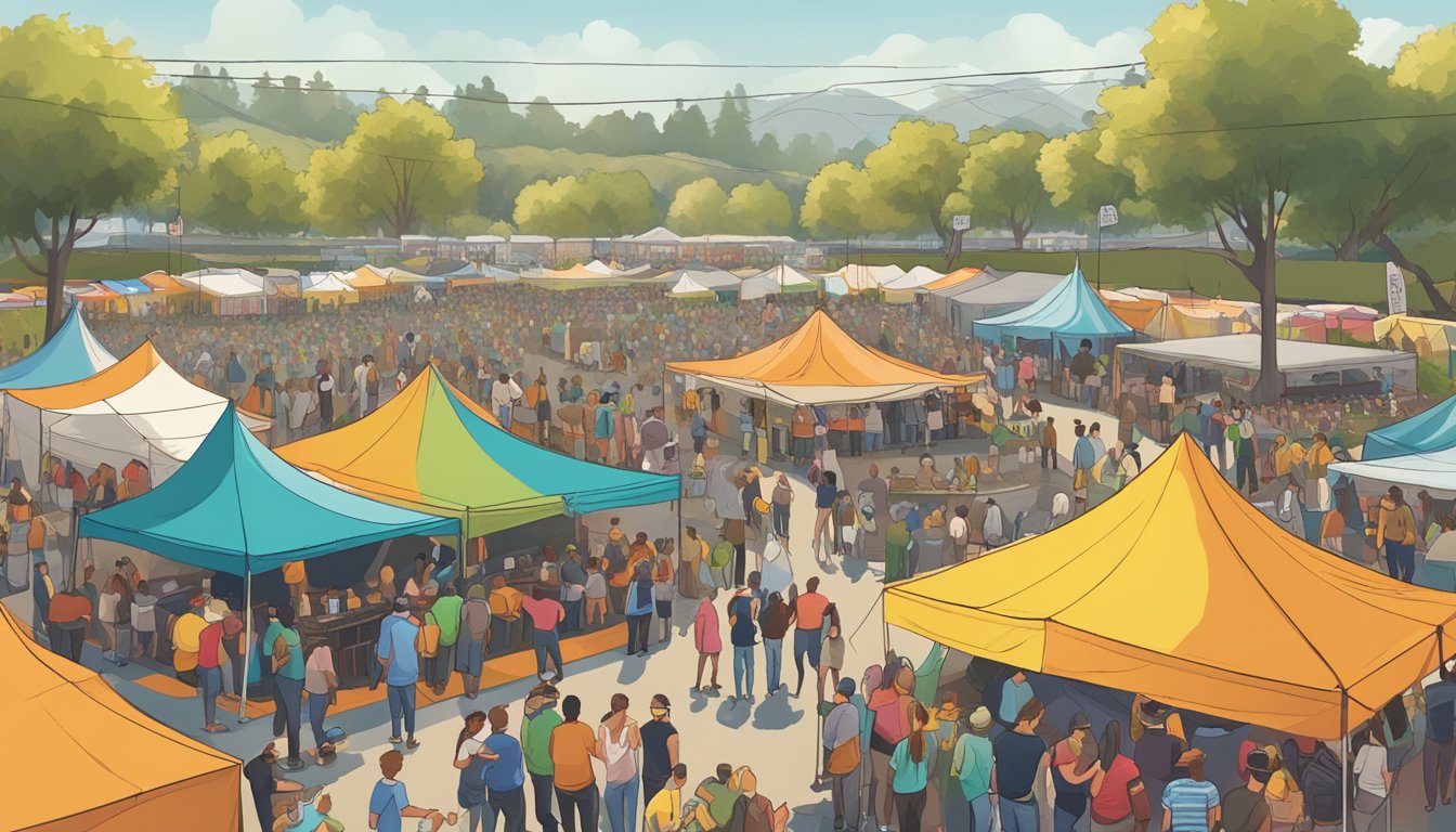 A bustling craft beer festival in San Mateo, with rows of colorful tents, people sampling beers, and live music filling the air