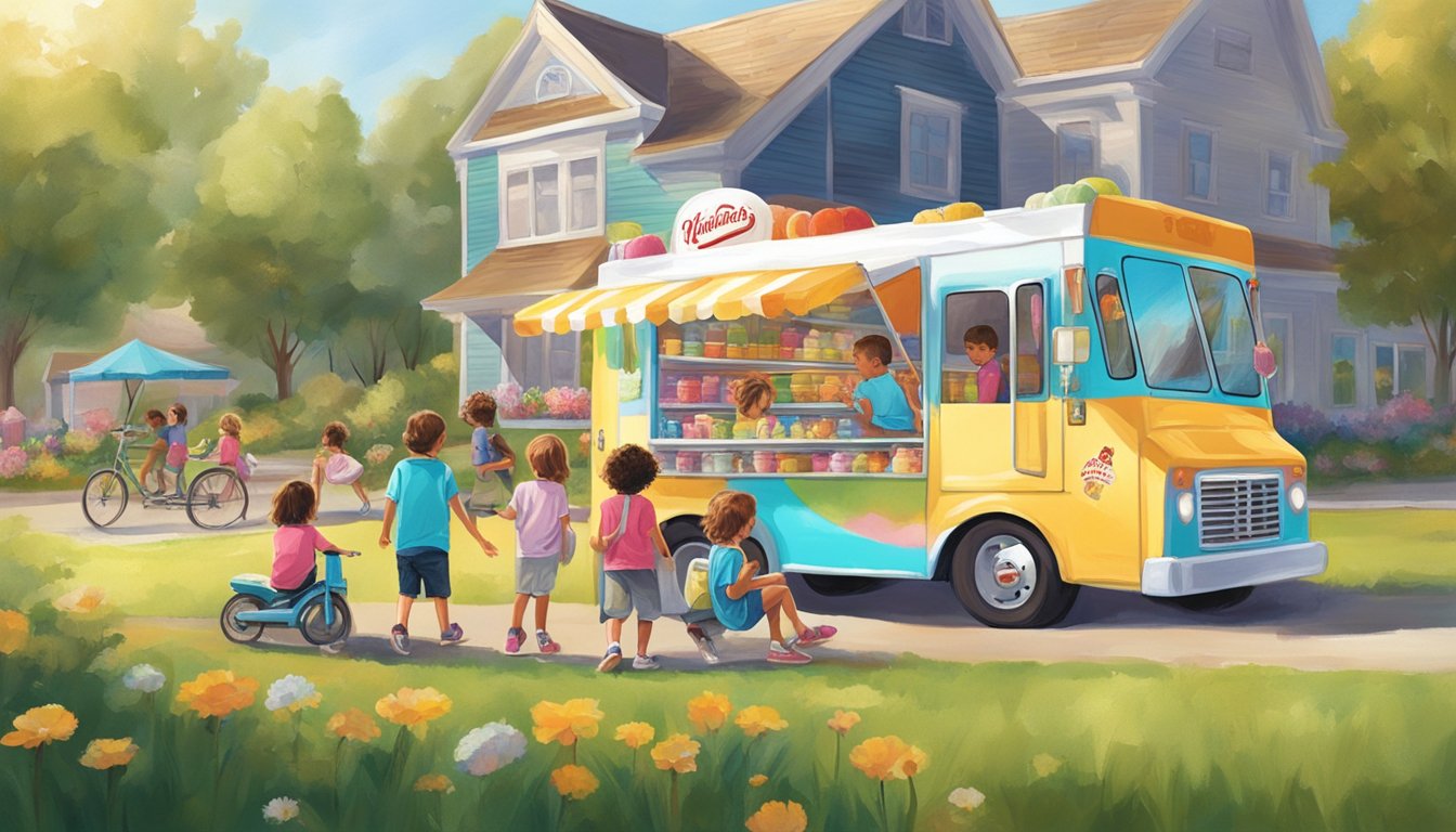 A colorful ice cream truck parked in a sunny field, surrounded by happy children enjoying scoops of creamy Hannaford's ice cream