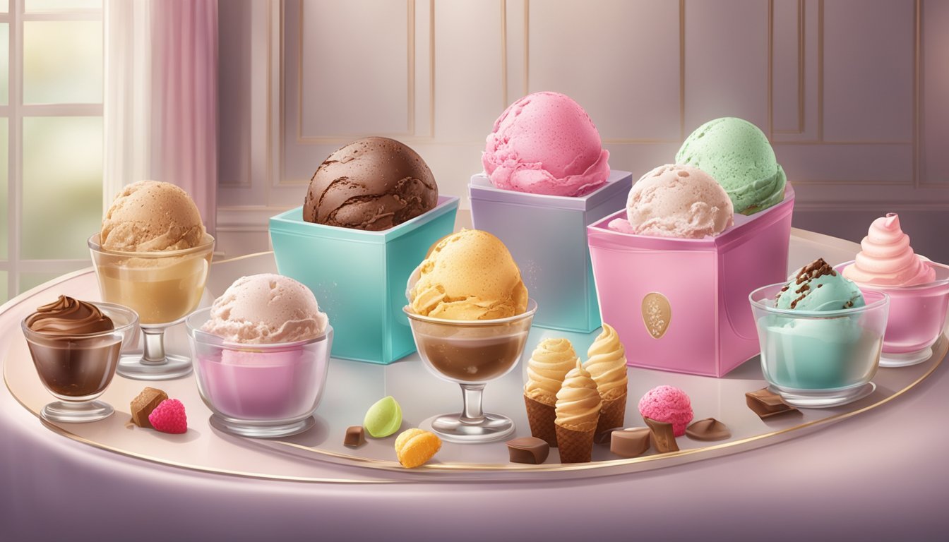 A table set with a variety of decadent ice cream flavors, surrounded by elegant packaging and a luxurious ambiance