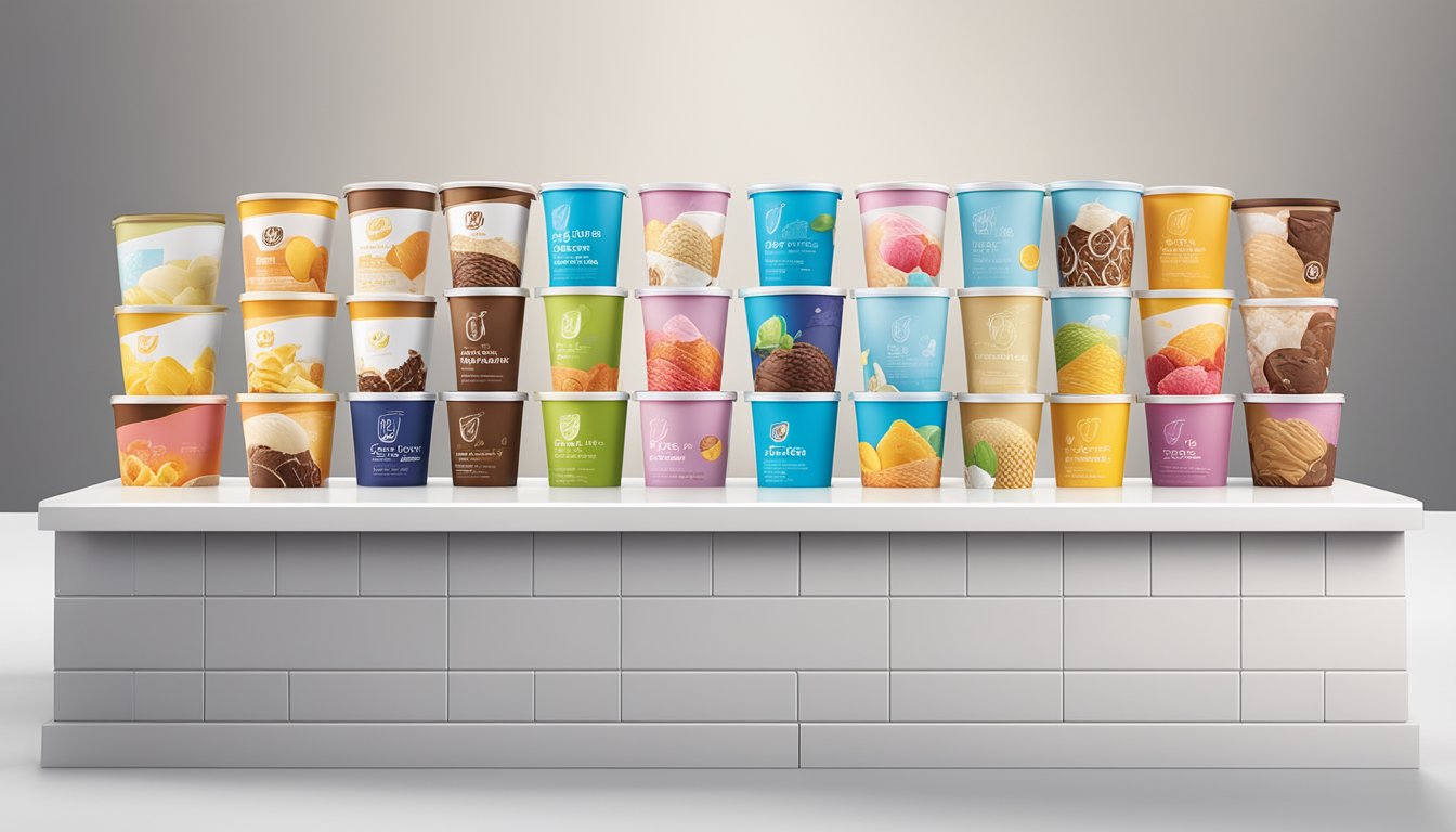 A colorful assortment of Lidl's ice cream flavors displayed on a sleek, modern counter with elegant branding and enticing packaging