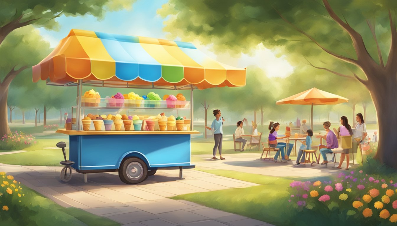 A smiling sun shining over a serene park with a colorful ice cream cart serving happy customers