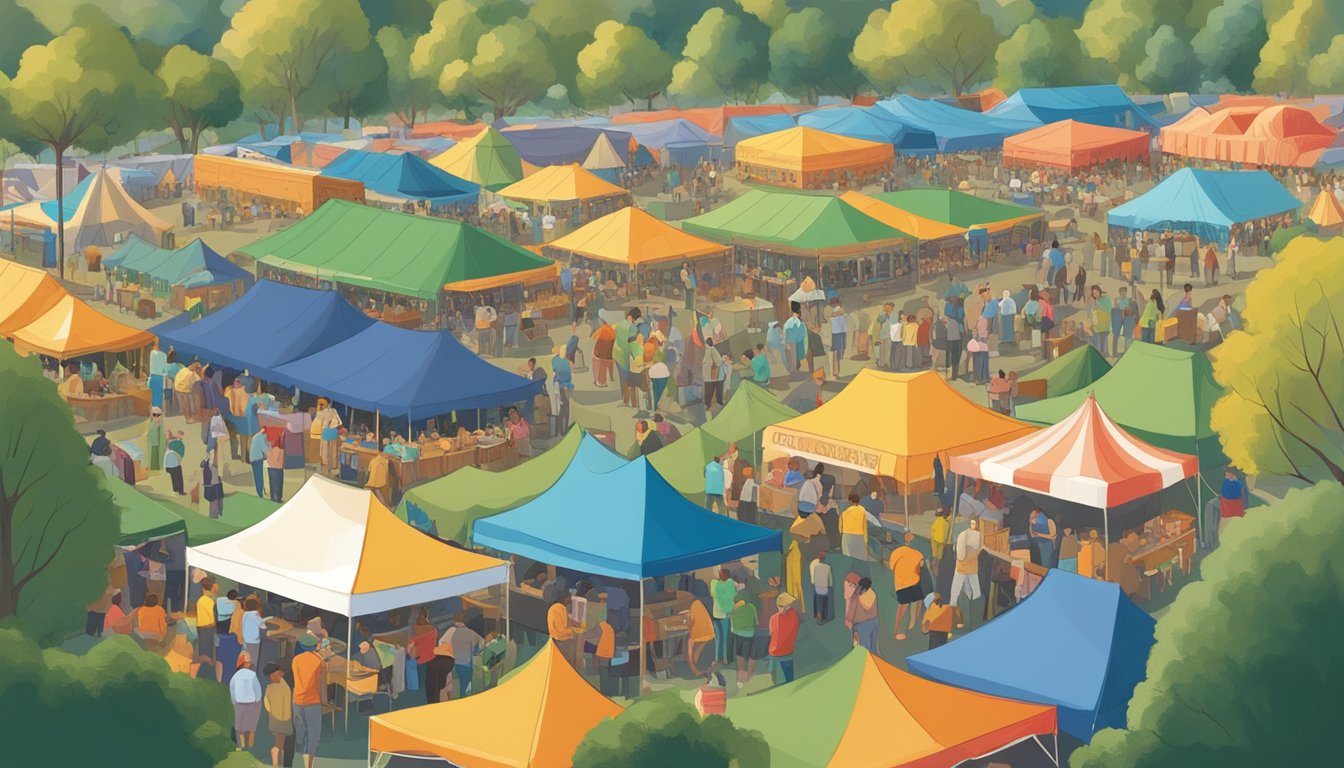 A bustling craft beer festival in San Mateo, CA, with rows of colorful tents and people enjoying tastings and live music