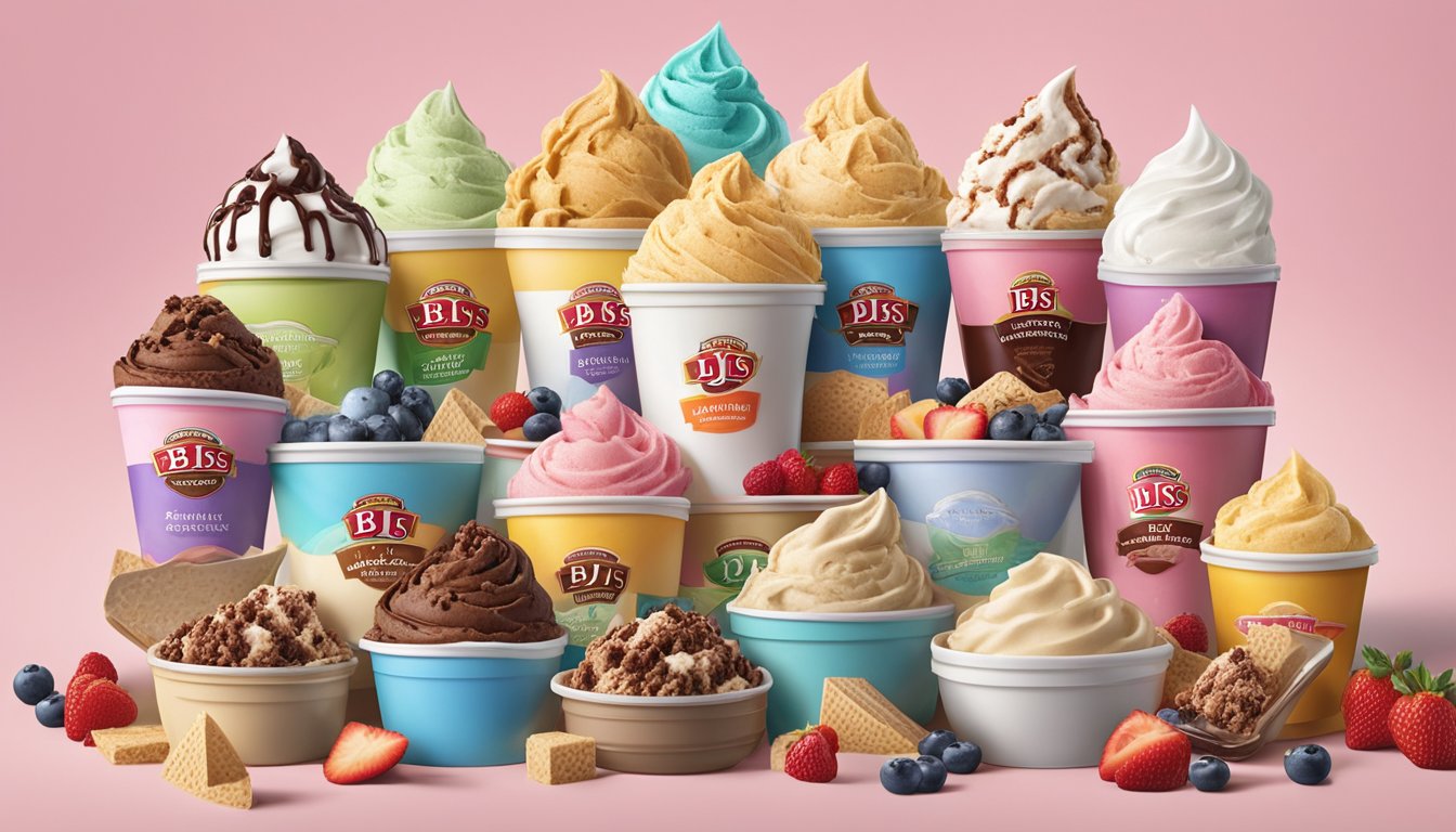 A colorful display of various flavors of BJ's Wholesale Club ice cream, surrounded by an assortment of toppings and sauces