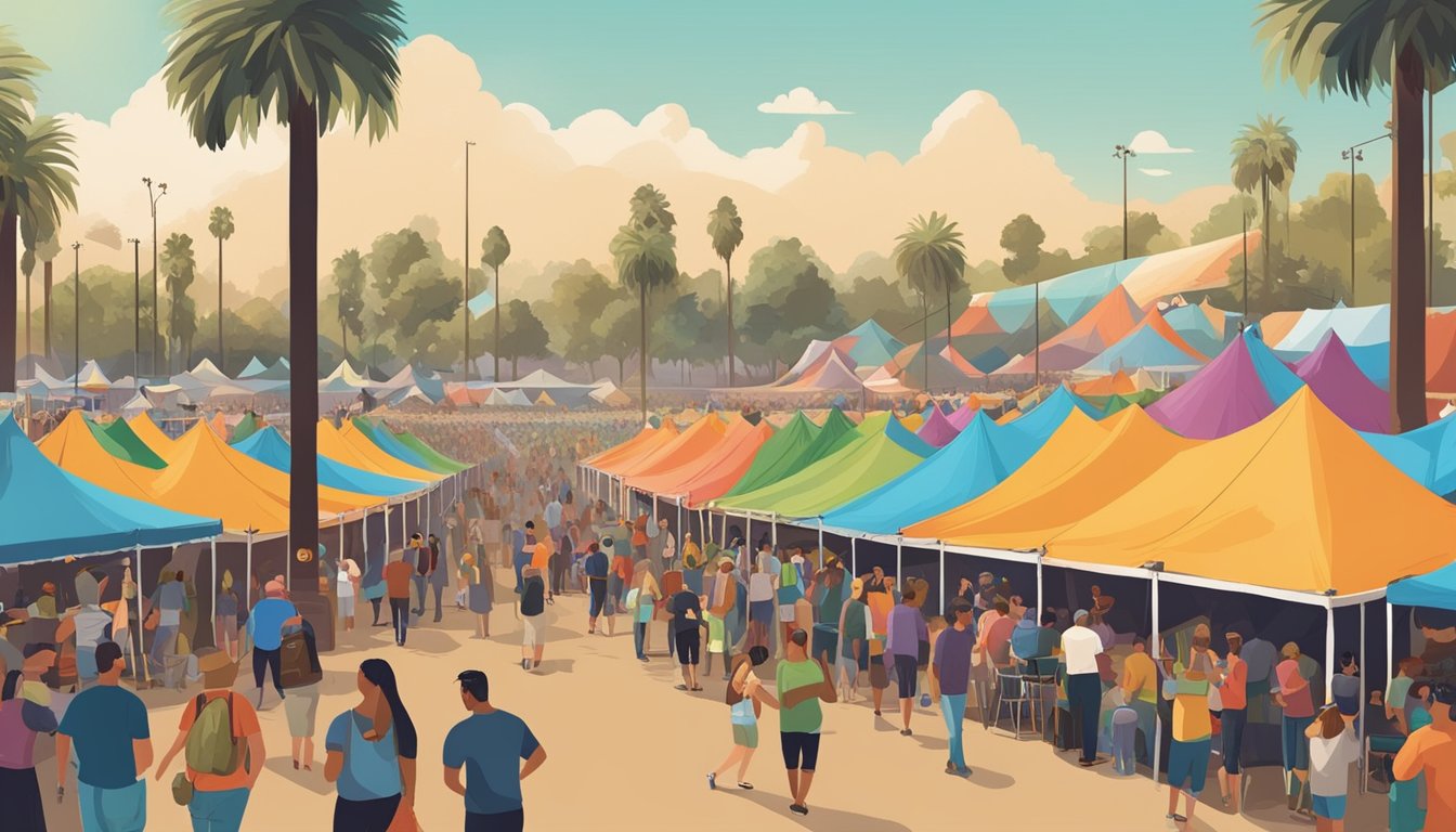 A bustling craft beer festival in Santa Ana, with rows of colorful tents, live music, and people enjoying a variety of unique brews