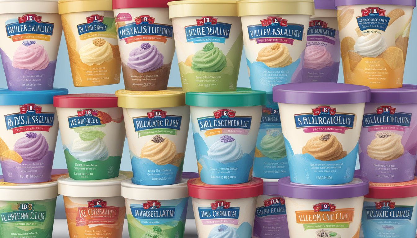 A colorful display of BJ's Wholesale Club ice cream flavors with clear allergen information labels