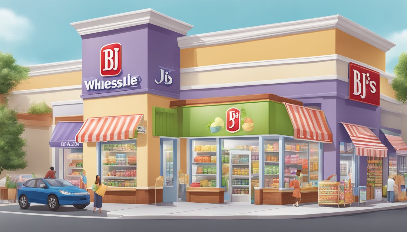 A colorful display of various flavors of BJ's Wholesale Club ice cream, surrounded by convenient shopping options