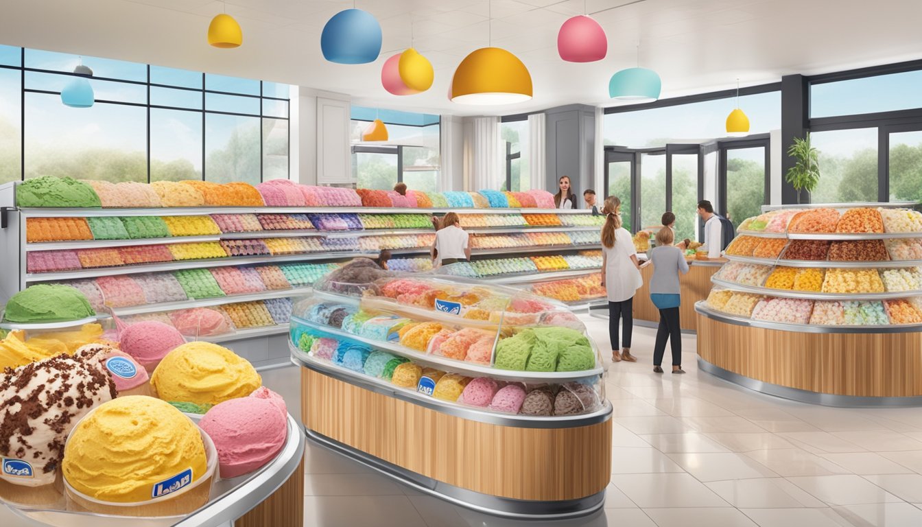 A colorful display of Lidl's ice cream range, with various flavors and toppings, surrounded by happy customers enjoying their affordable luxury