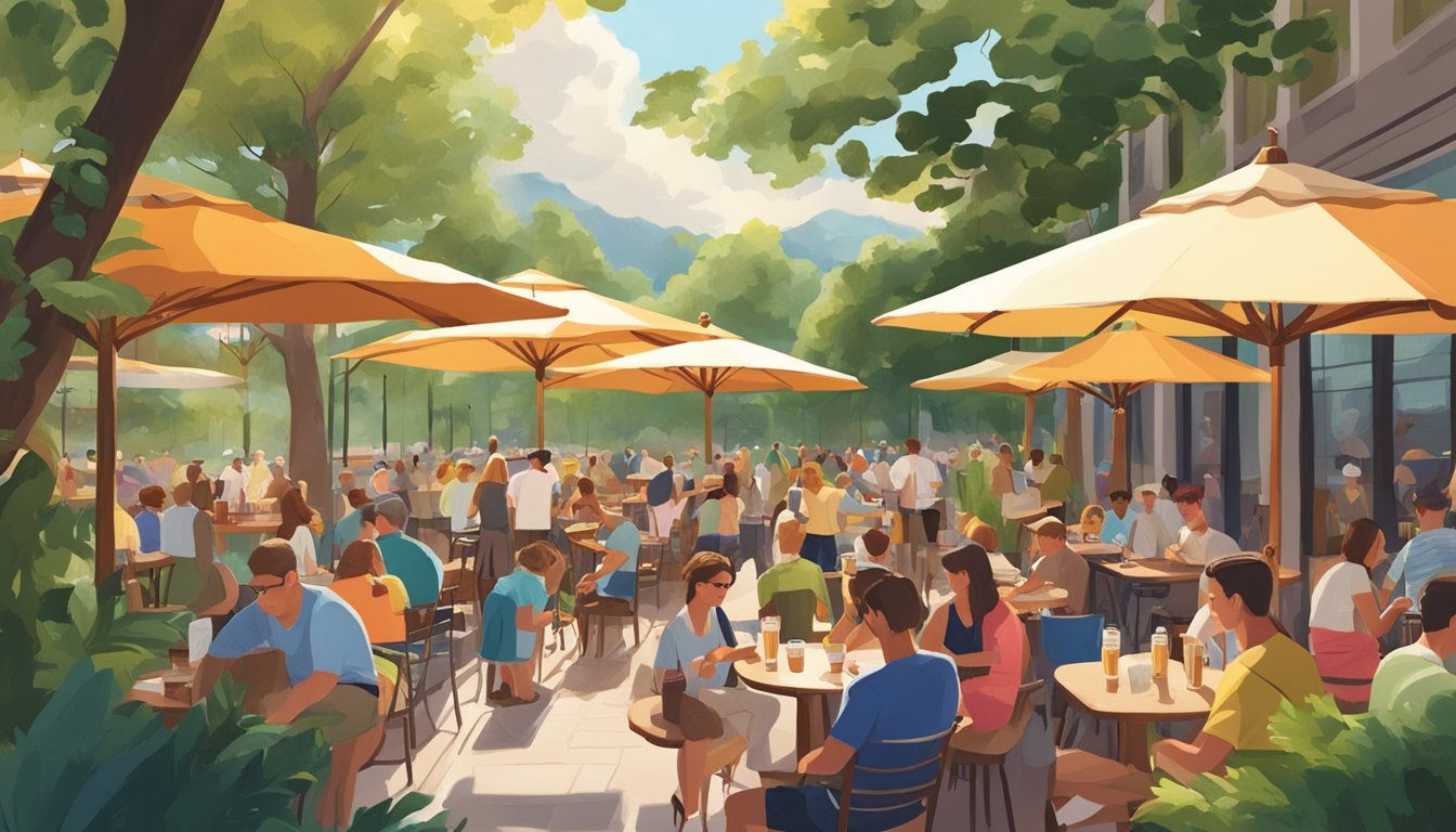 A sunny patio with colorful umbrellas, surrounded by lush greenery and filled with people enjoying local craft beer