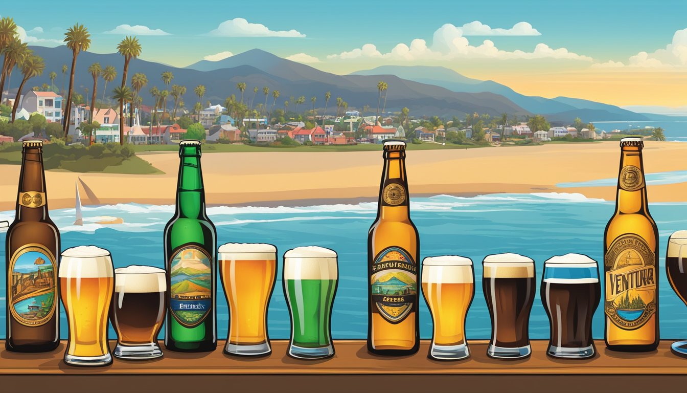 A colorful array of beer glasses and bottles, each filled with unique and flavorful craft brews, set against the backdrop of Ventura, CA's scenic coastline