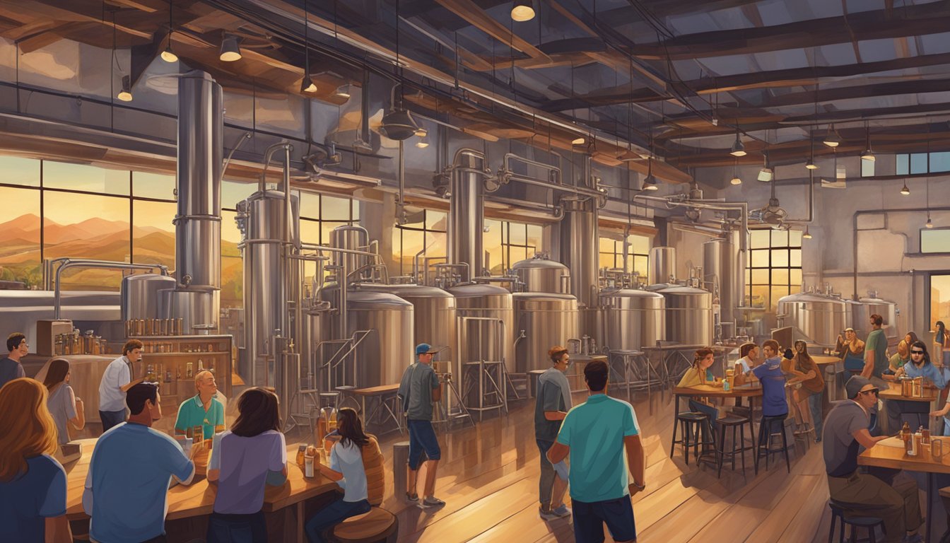 A bustling craft brewery scene in Santa Clarita, with patrons enjoying tastings and socializing in a vibrant, industrial-chic setting