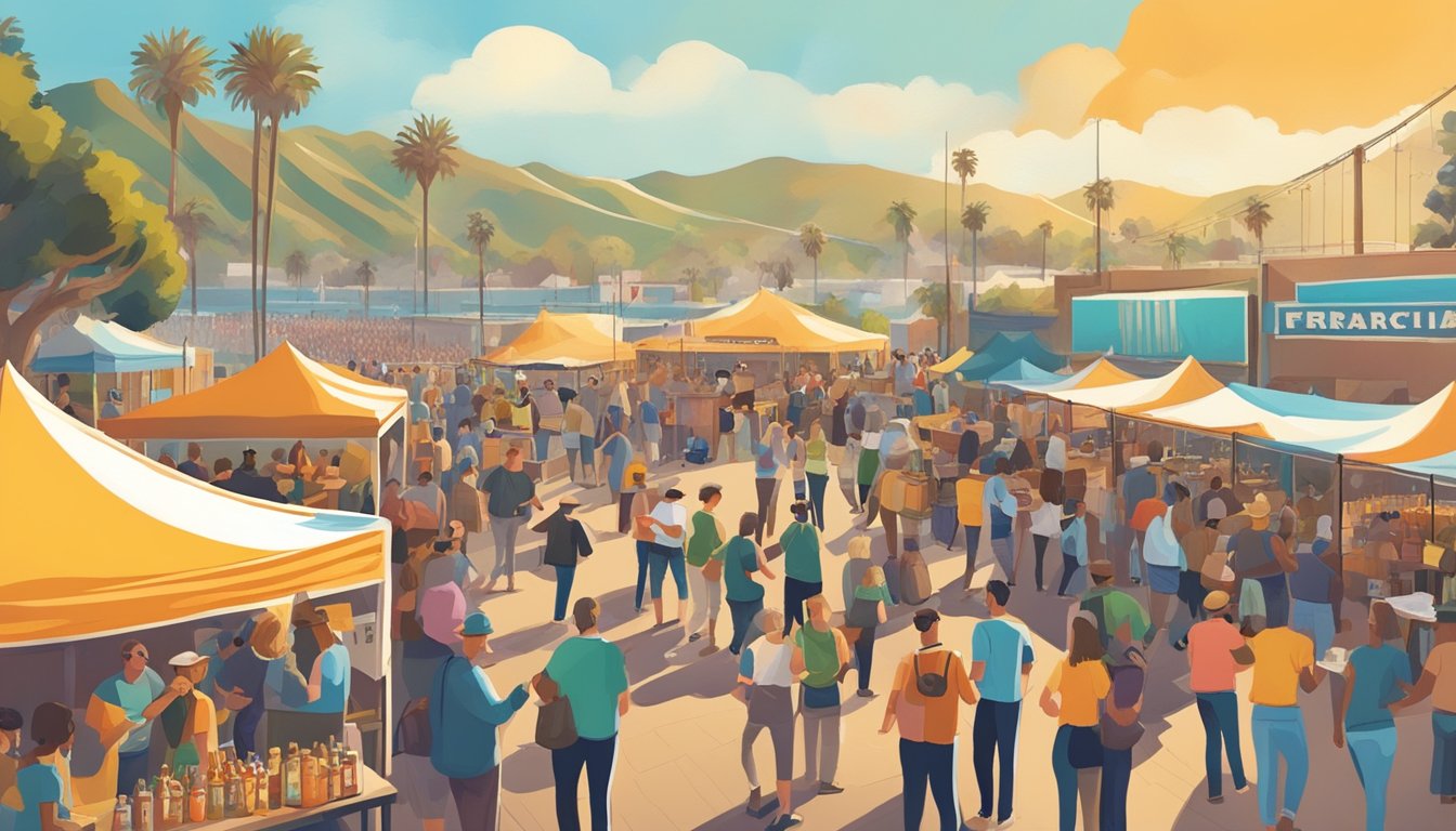 A vibrant outdoor beer festival with various local craft beer vendors and attendees enjoying the sunny Ventura, CA weather