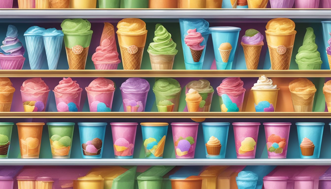 A display of colorful, decadent ice cream pints arranged on a frosty shelf, surrounded by vibrant packaging and enticing flavor labels