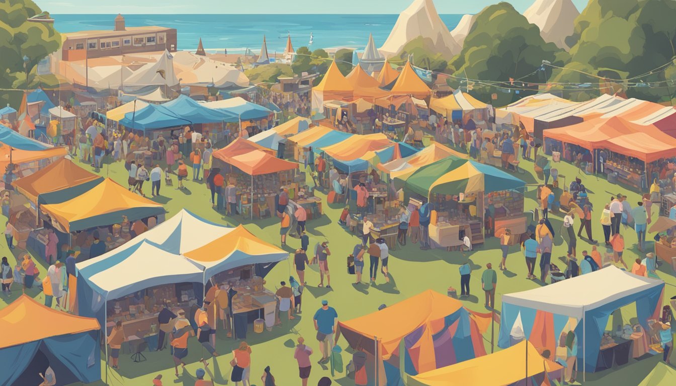 A bustling craft beer festival in Ventura, with colorful tents, lively music, and people sampling various brews