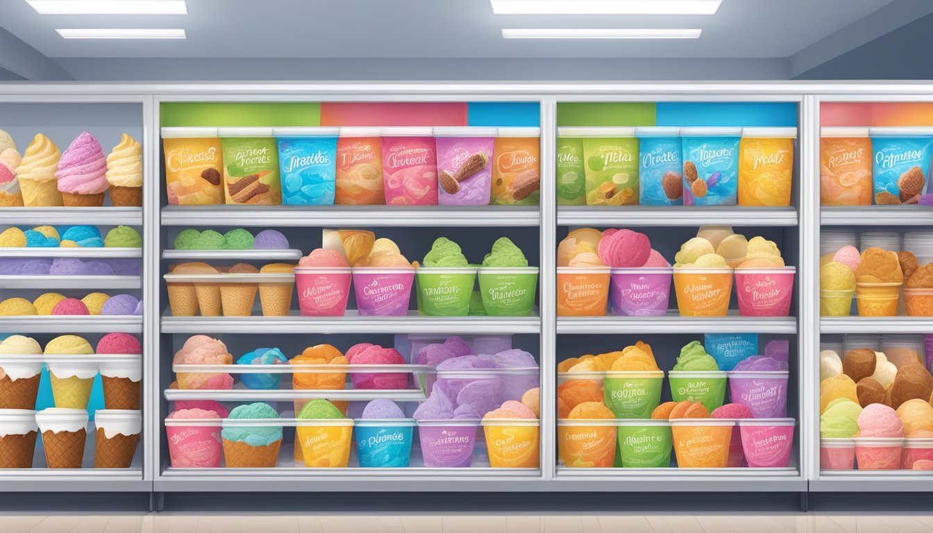 A colorful display of various ice cream flavors arranged in a freezer at Walmart, with vibrant packaging and tempting labels