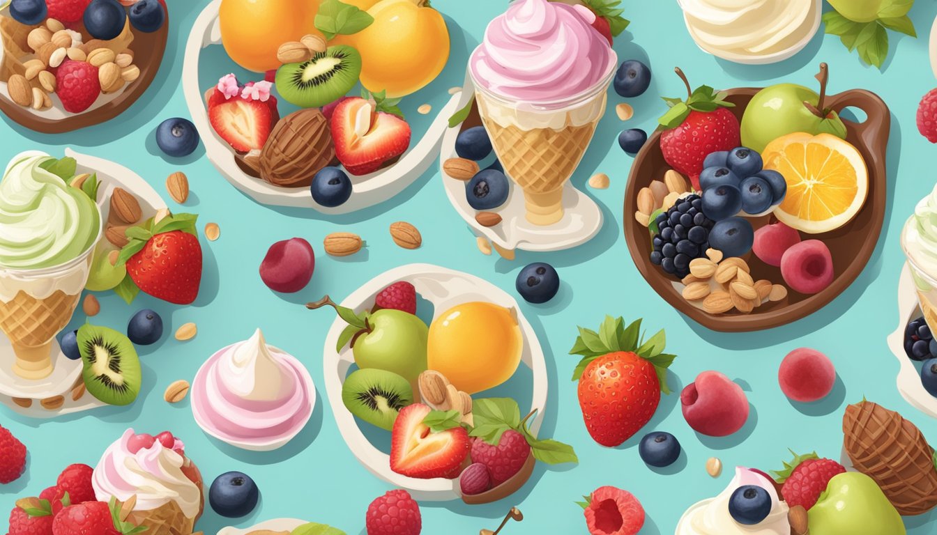 A table set with colorful, decadent whole foods ice cream sundaes surrounded by fresh fruit and nuts