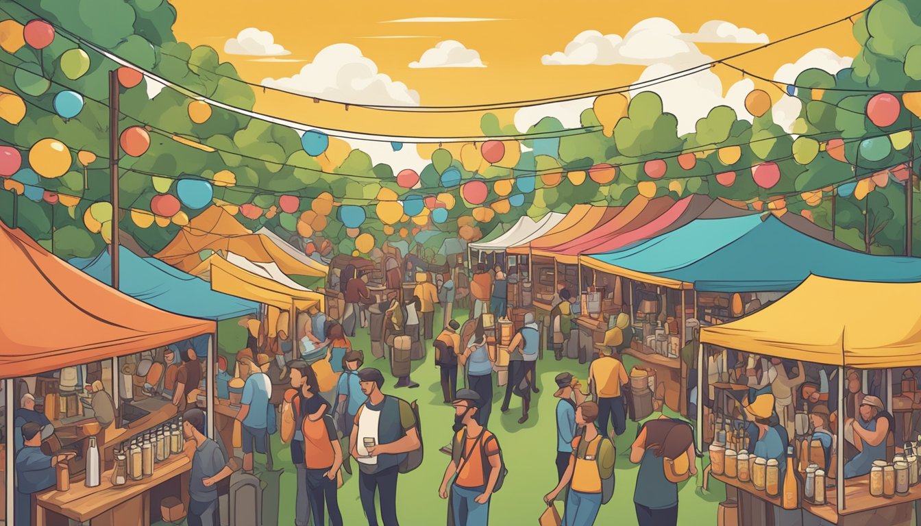 A bustling craft beer festival with colorful banners and diverse breweries showcasing their unique beer selections