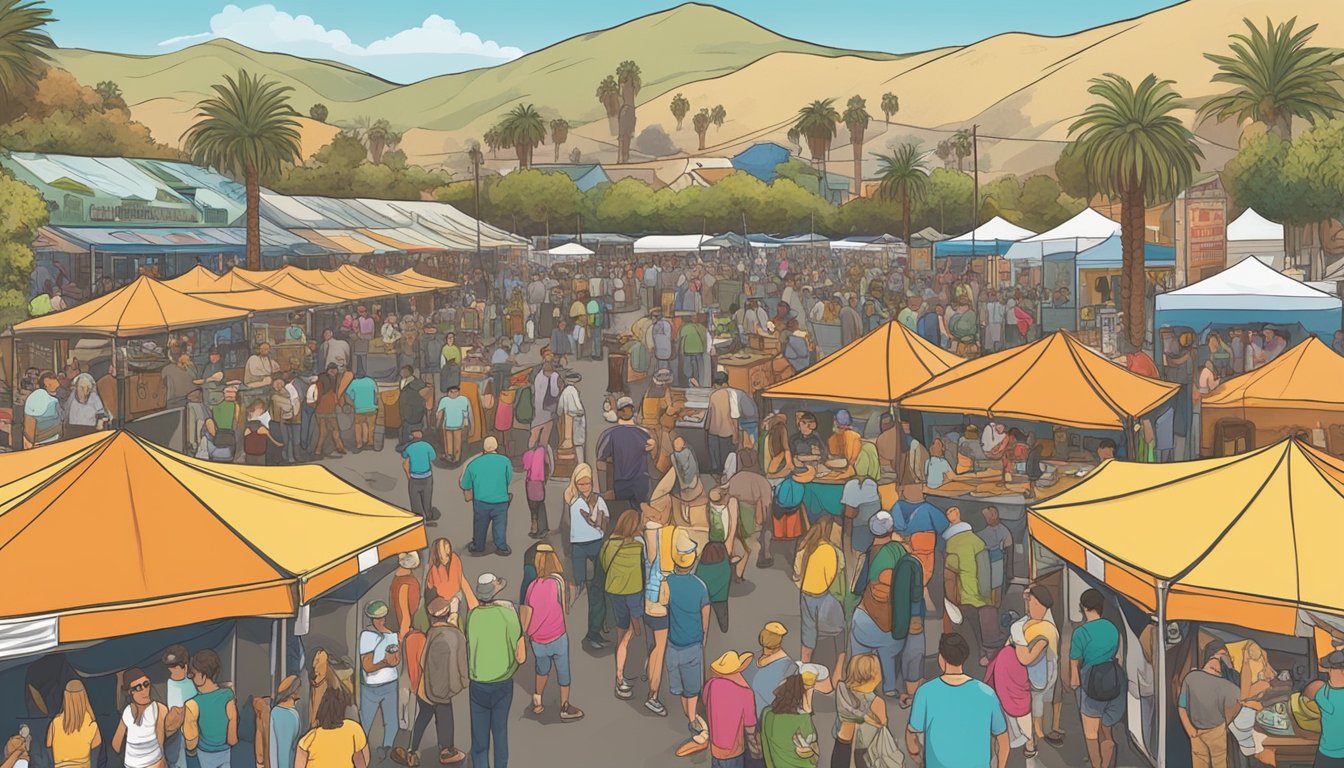 A bustling craft beer festival with colorful booths, live music, and happy patrons enjoying the Ventura, CA craft beer community and lifestyle