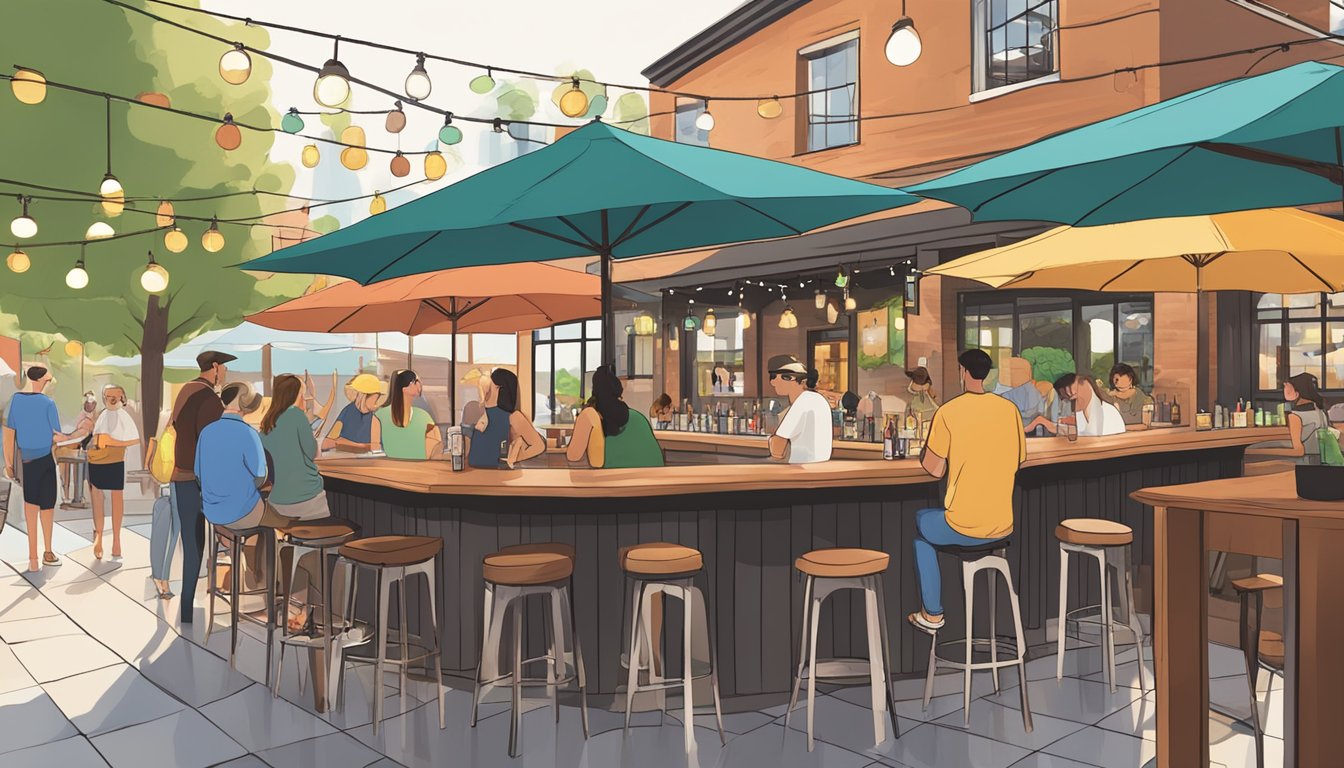 A bustling outdoor patio with string lights, colorful umbrellas, and a variety of craft beer taps lining the bar. Customers enjoy local dining experiences while sipping on their favorite brews