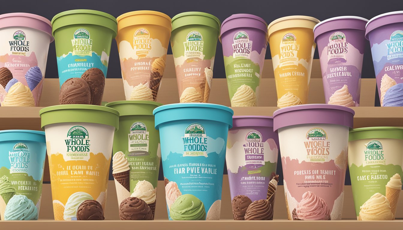 A colorful display of premium whole foods ice cream varieties at Whole Foods, emphasizing the company's commitment to quality