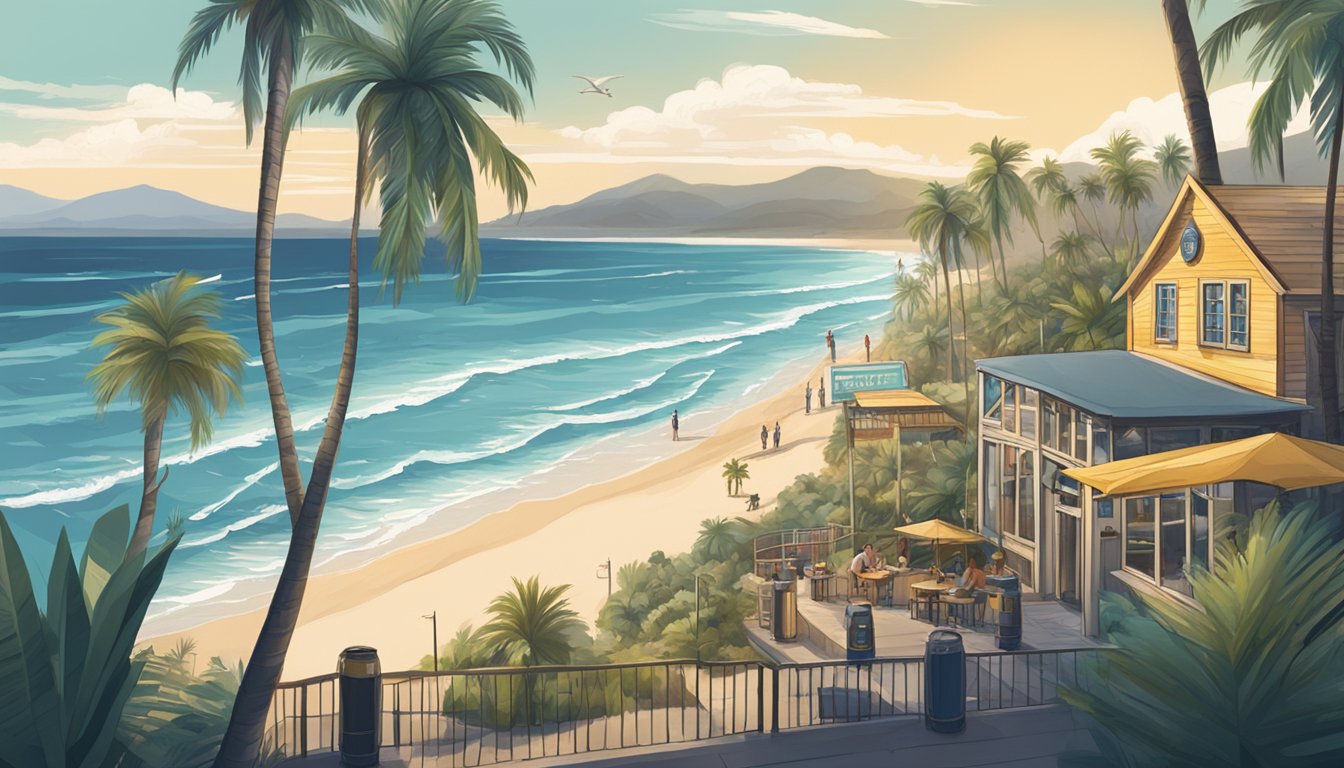 A coastal scene with a craft brewery nestled among palm trees, overlooking the ocean with surfers catching waves in the distance