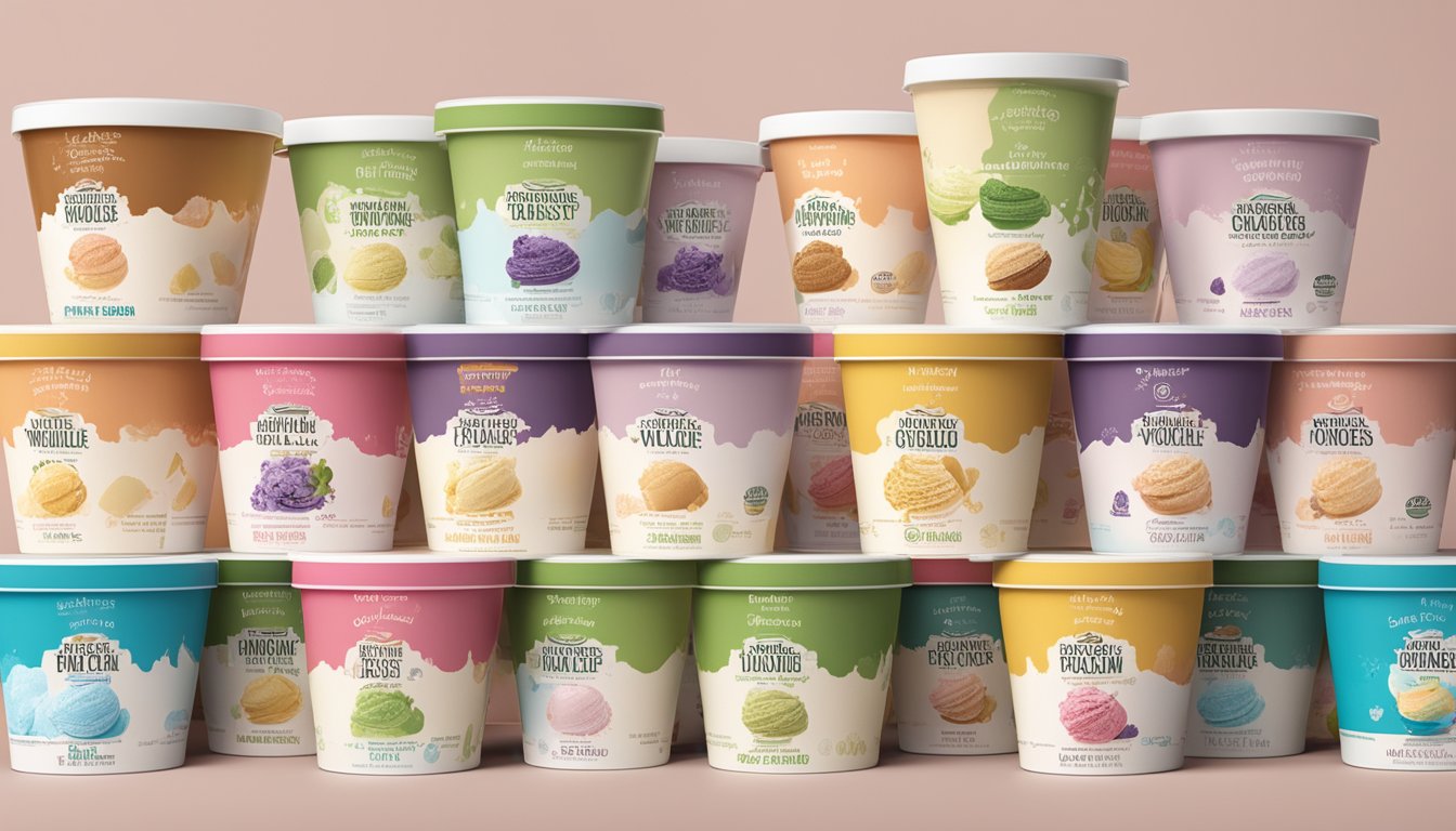 A display of premium whole foods ice cream varieties with branding and private labels