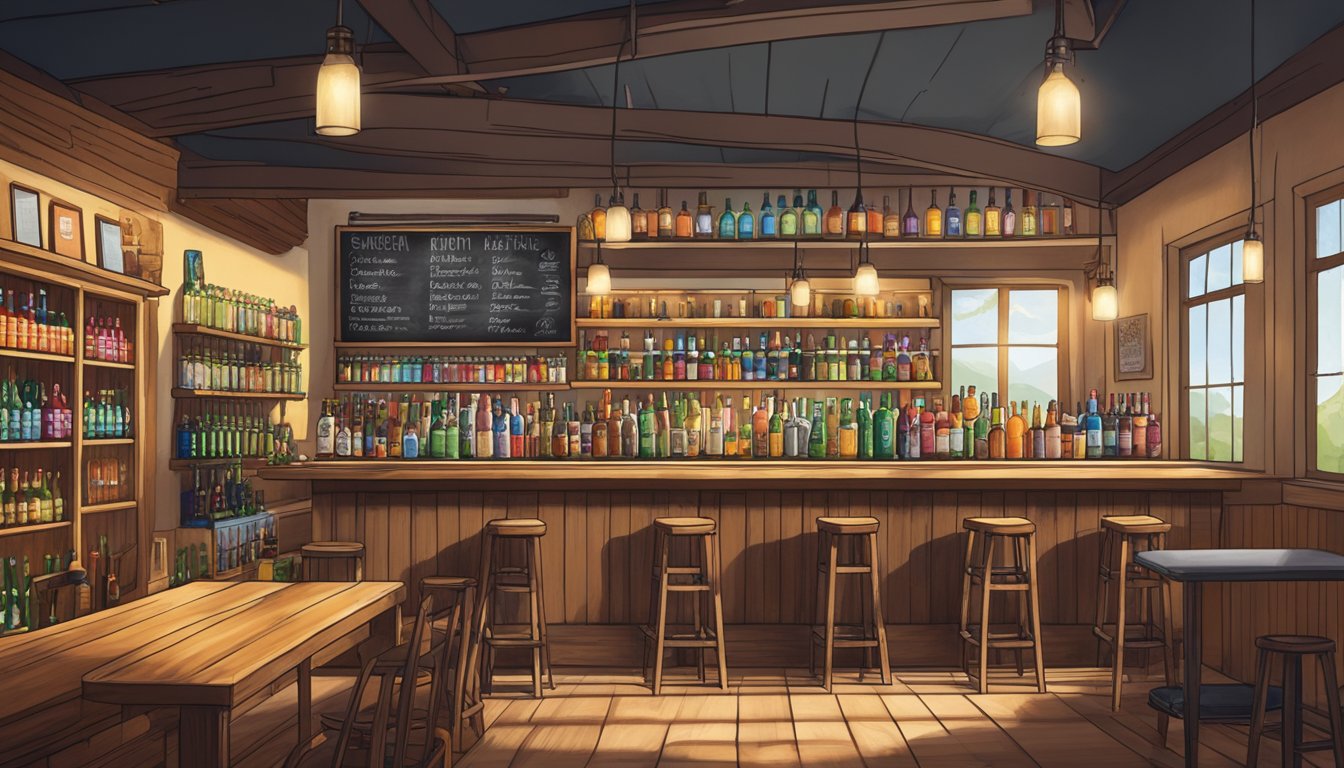 A cozy craft beer shop in Santa Clarita, CA with shelves lined with colorful bottles and a chalkboard menu above the bar. Sunlight streams through the windows, illuminating the rustic wooden tables and inviting atmosphere