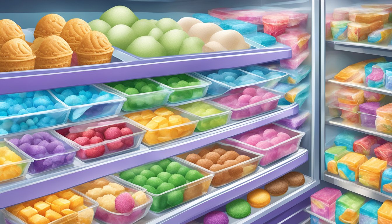 A colorful freezer display full of various frozen novelties and treats, with an assortment of delicious ice cream flavors available at Walmart