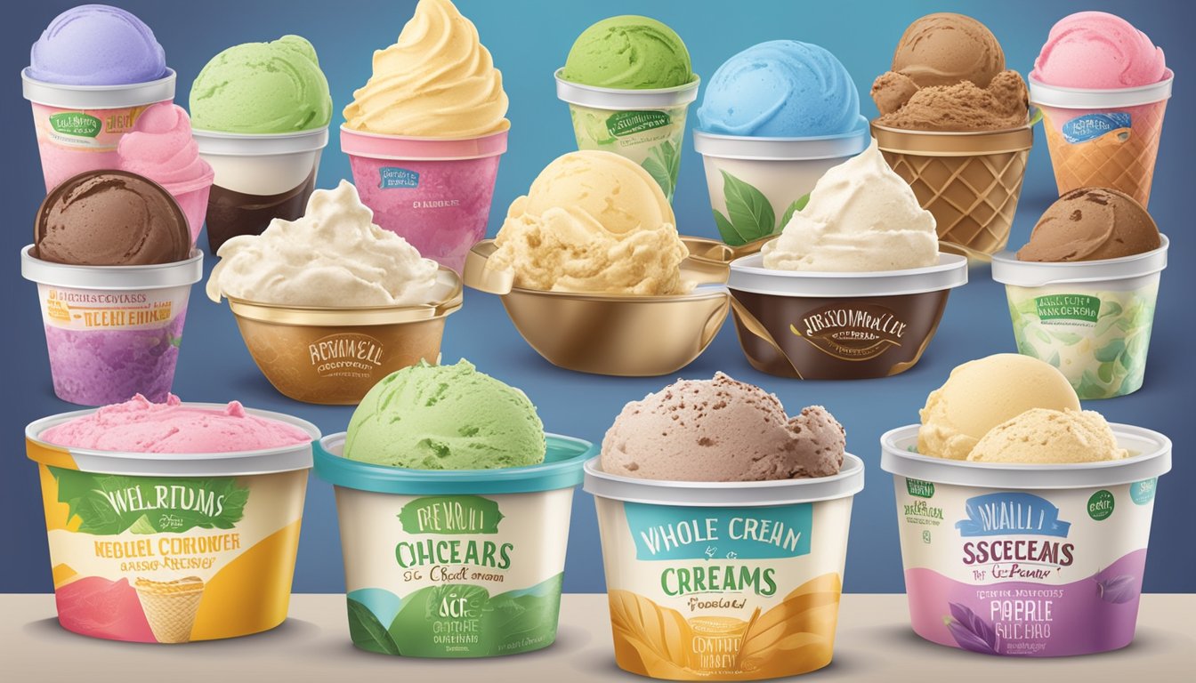 A colorful display of premium whole foods ice cream varieties with promotional signs