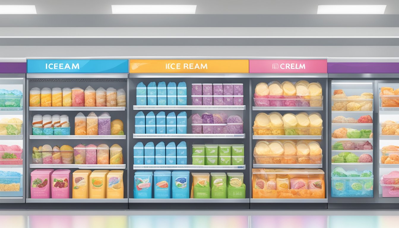 A colorful display of various ice cream flavors surrounded by nutritional and dietary information labels at a Walmart freezer section