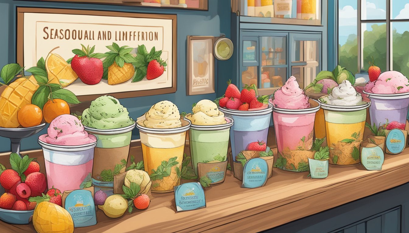 A display of colorful, artisanal ice cream pints surrounded by fresh fruits and herbs, with a sign showcasing "Seasonal and Limited Edition Offerings."