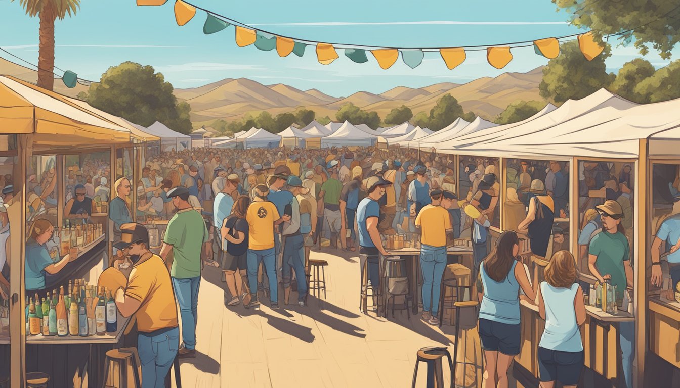 A bustling craft beer festival in Santa Maria Valley, with patrons sampling a variety of local brews under the warm California sun