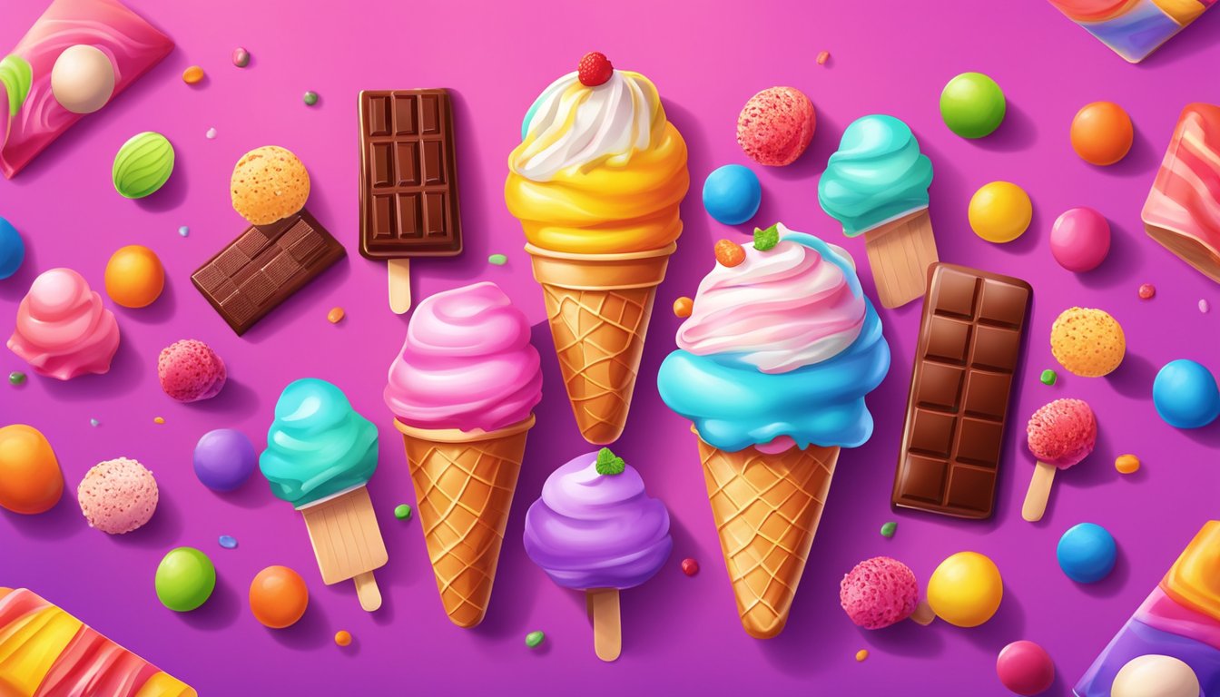 A colorful display of ice cream-themed treats, including popsicles, gummy candies, and chocolate bars, arranged on a vibrant backdrop