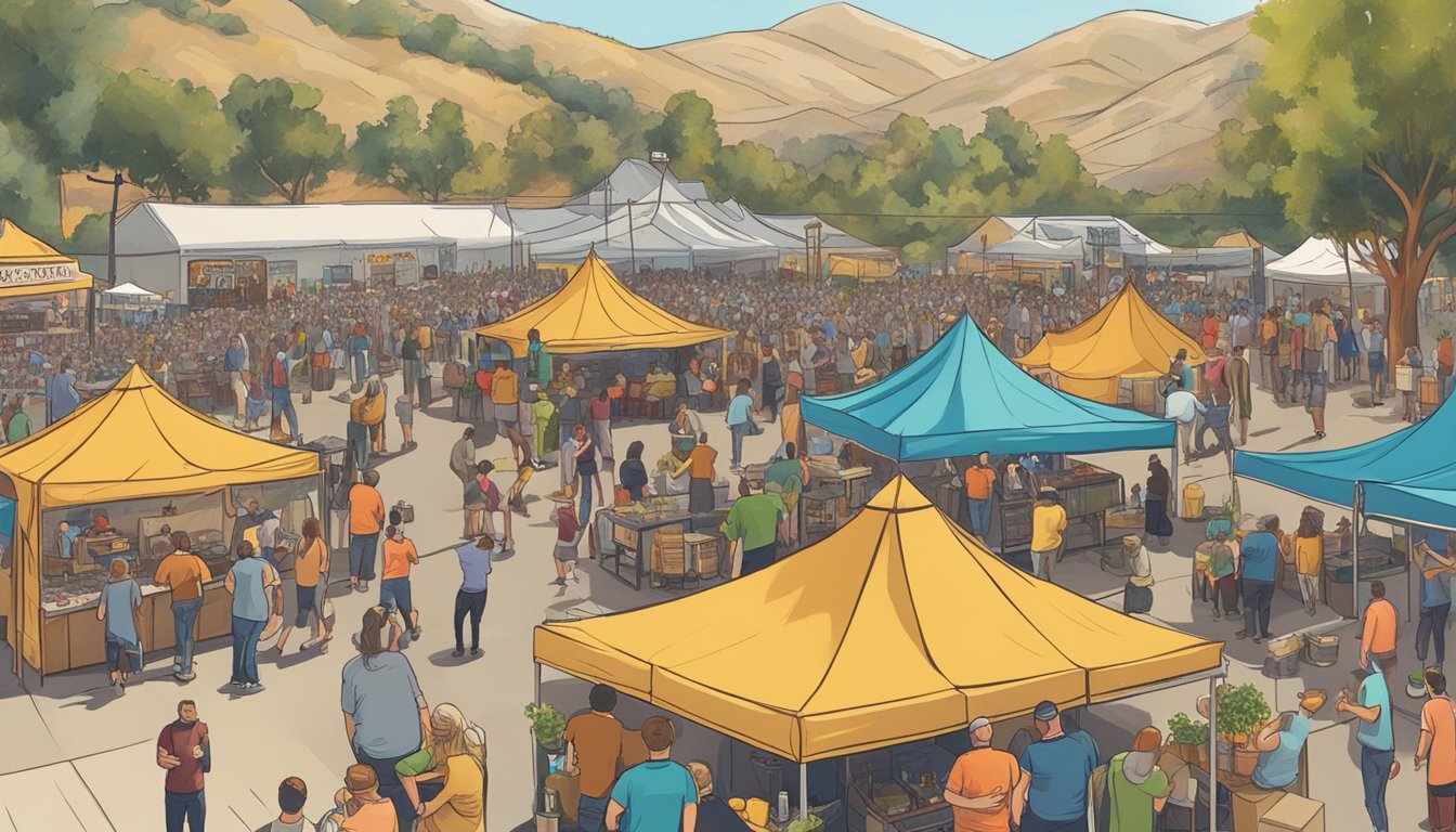 A bustling outdoor craft beer festival with vendors, live music, and happy patrons enjoying the sunny Santa Clarita landscape