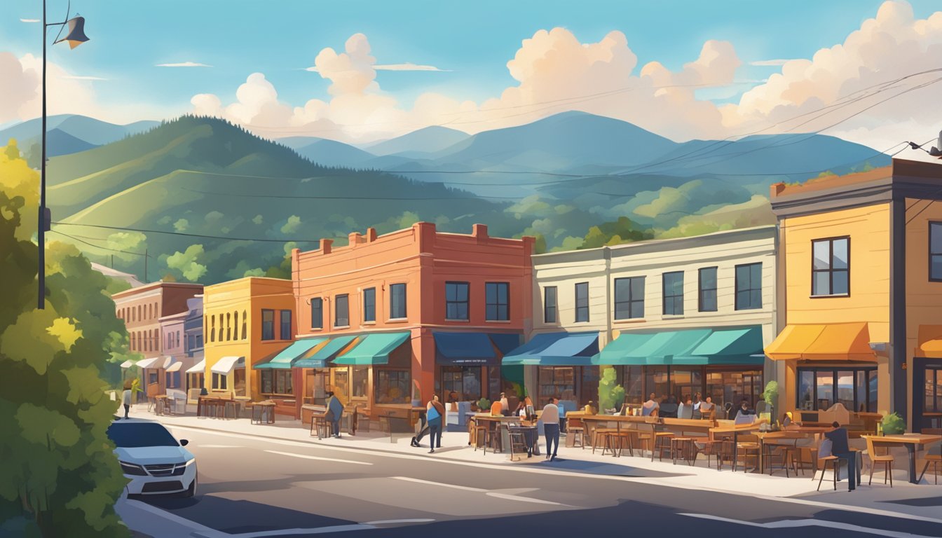 A bustling street lined with colorful craft brewery buildings and outdoor seating areas, surrounded by rolling hills and sunny skies