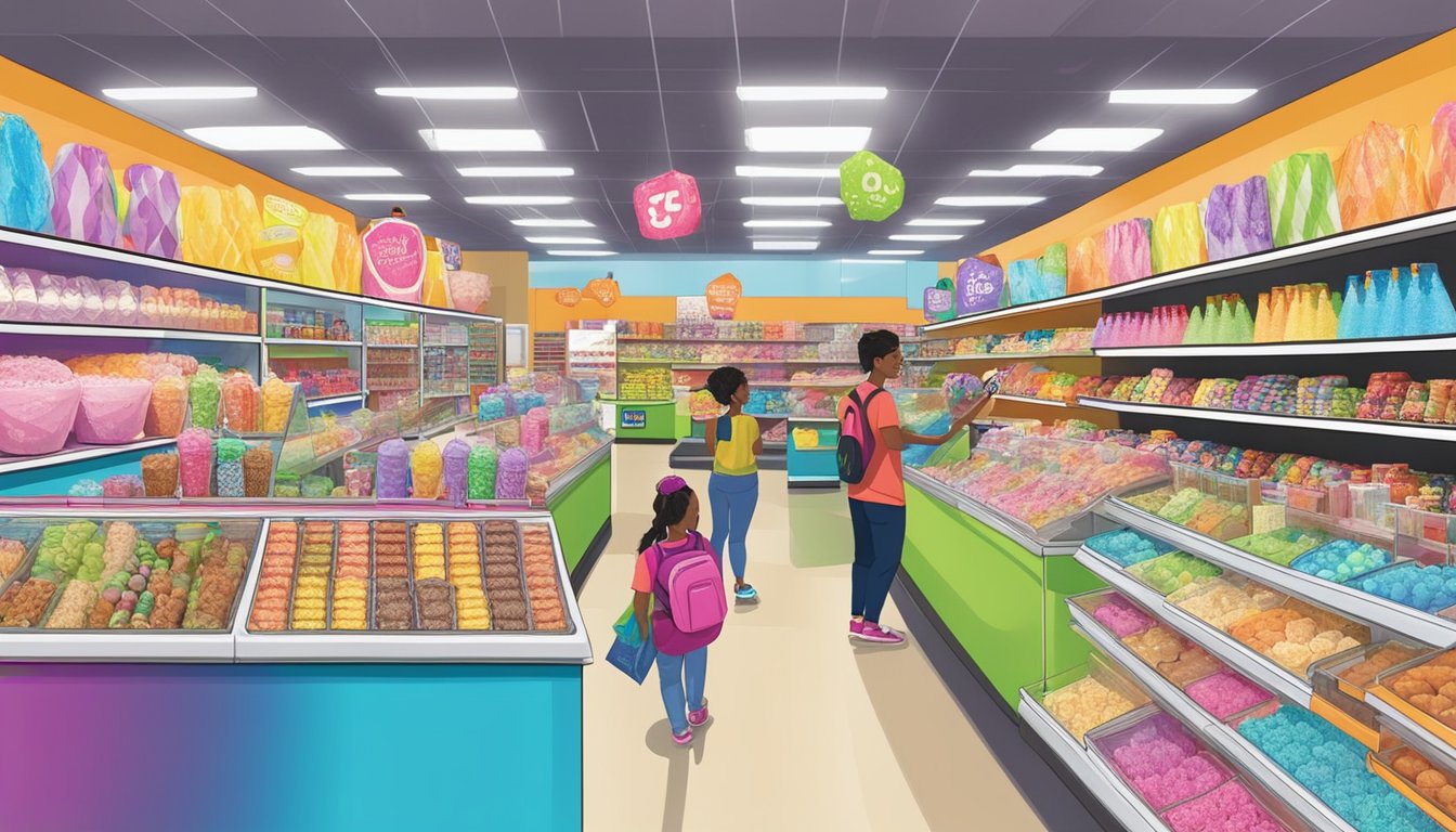 A colorful display of ice cream themed treats at Five Below, with customers browsing and selecting items