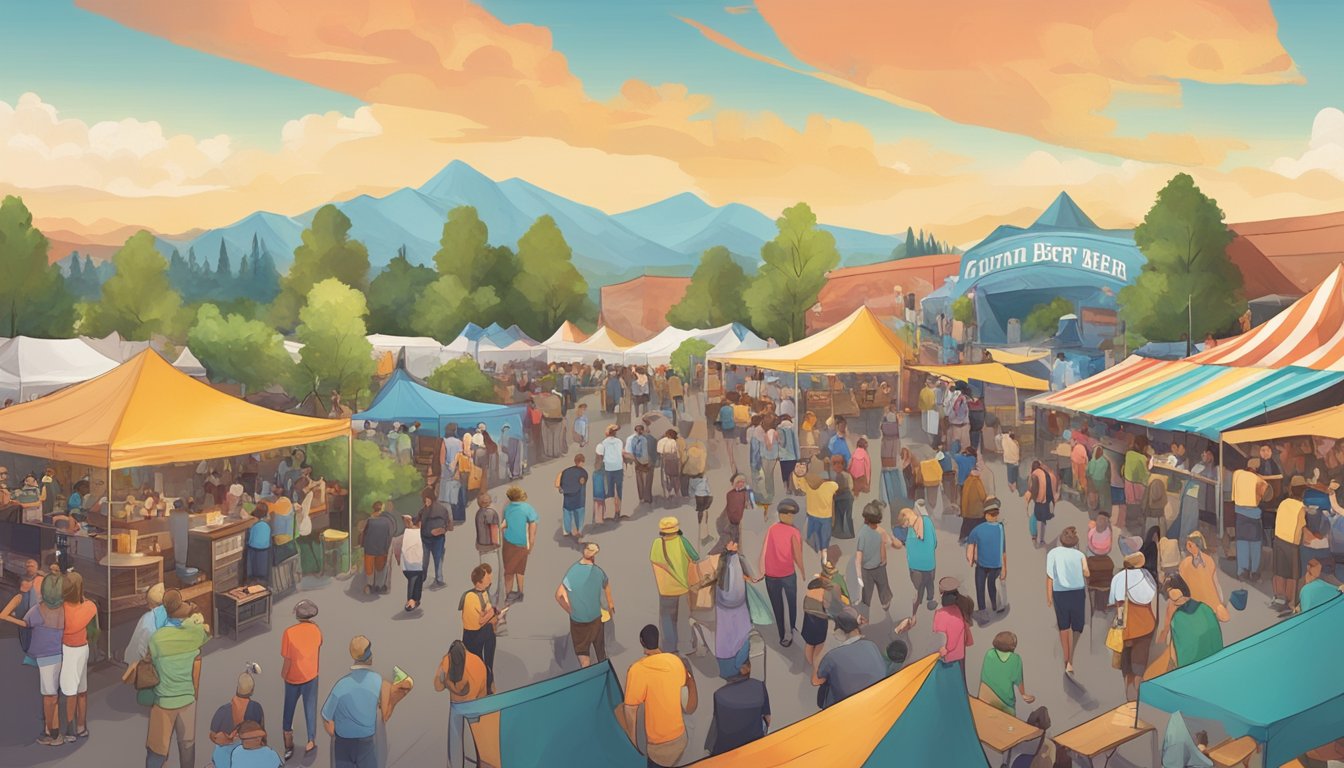 A bustling craft beer festival in West Covina, with colorful tents, people enjoying drinks, and live music filling the air